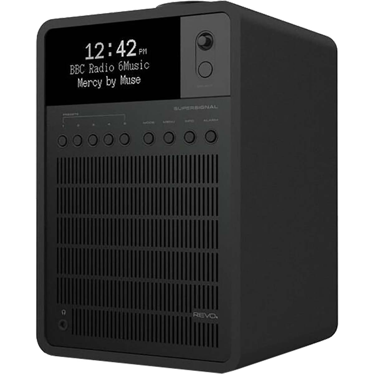 A black digital radio alarm clock with a display showing 12:42 PM.