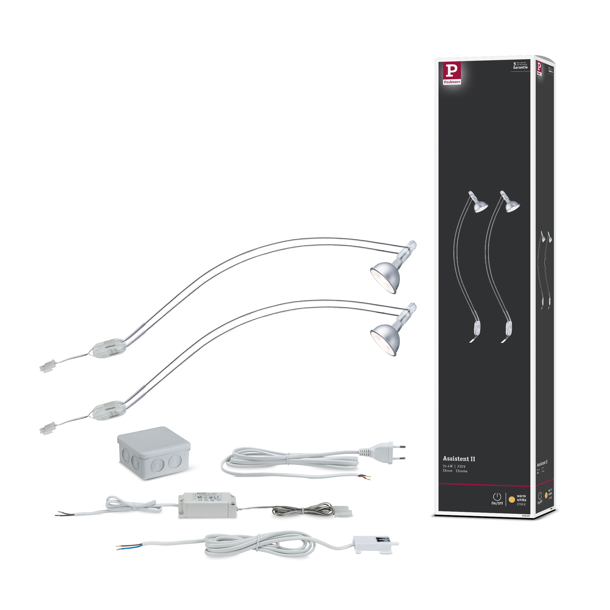 Dwie srebrne lampki biurkowe z gęsią szyją, akcesoria i opakowanie.