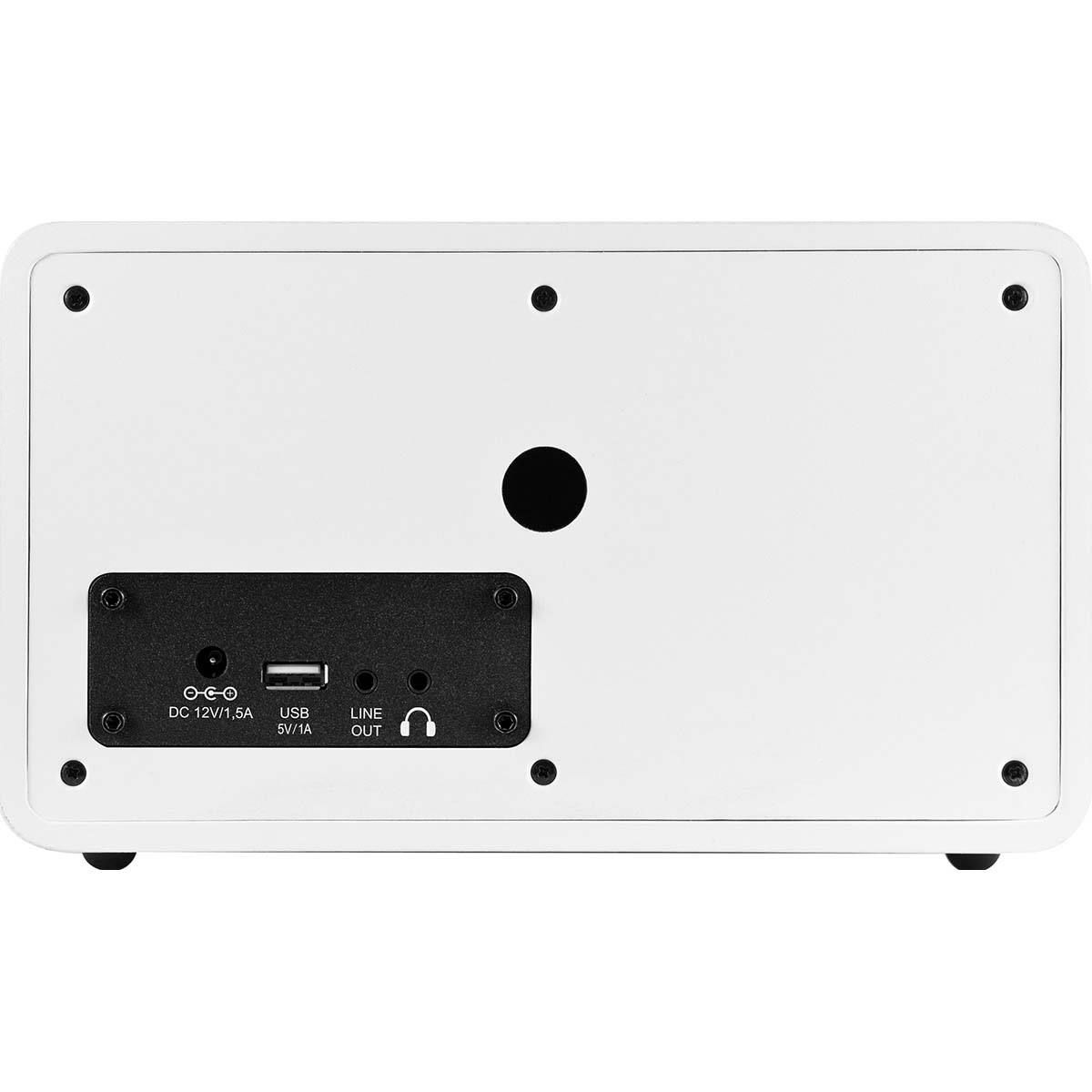 Rückseite eines weißen Geräts mit Anschlüssen: DC 12V/1,5A, USB 5V/1A, Line Out und Kopfhörer.