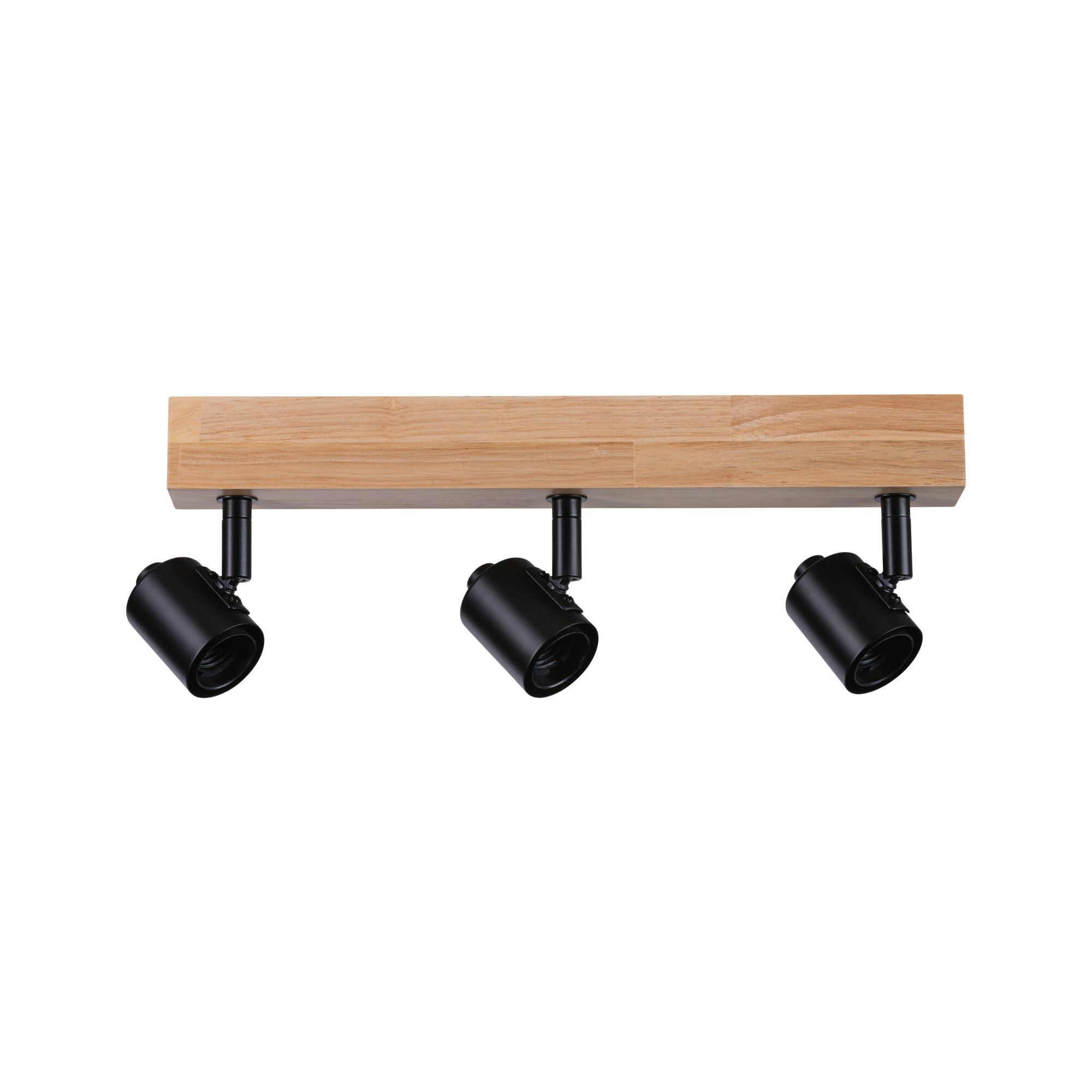 Lampa sufitowa z drewnianą podstawą i trzema czarnymi spotami.