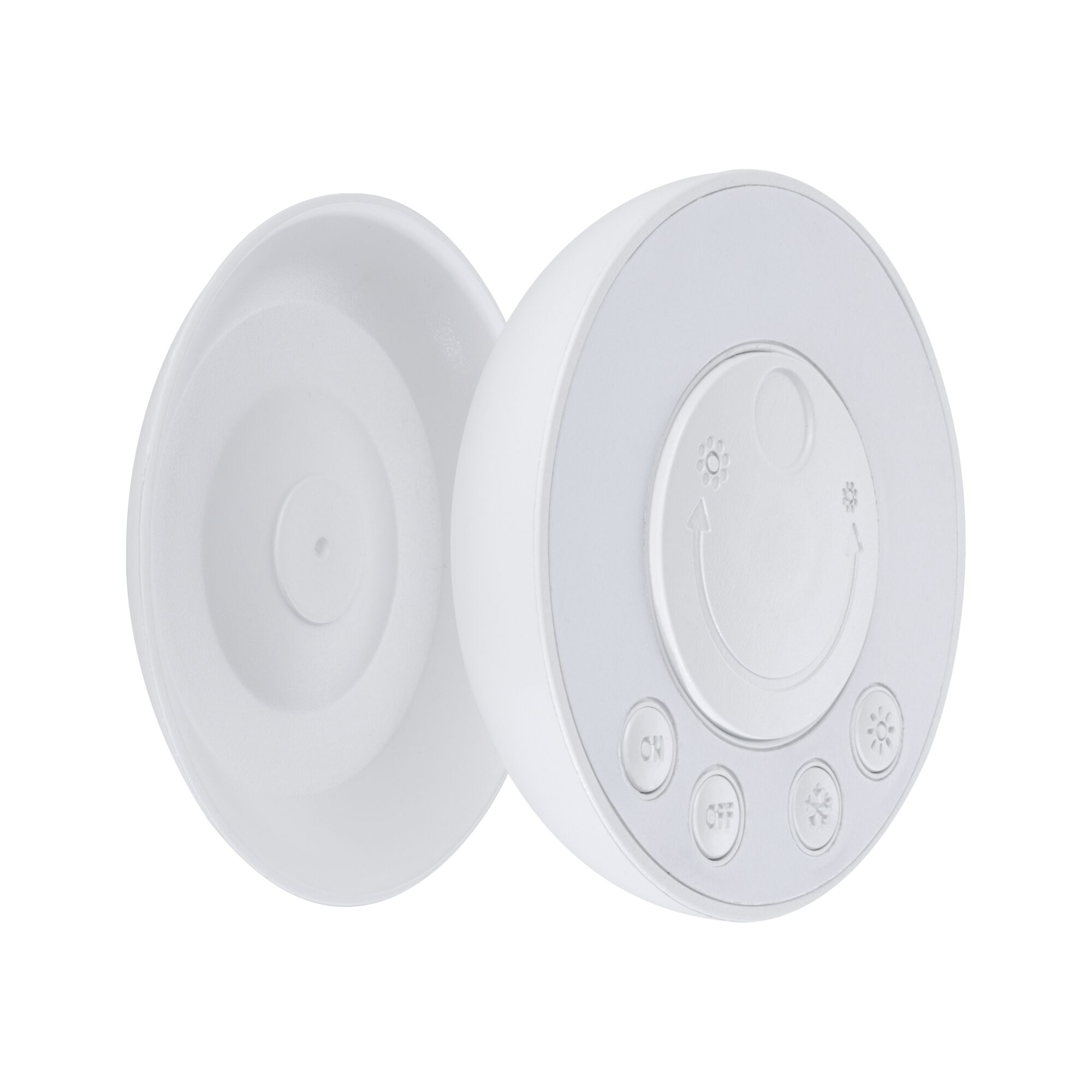 Un controller rotondo bianco con pulsanti ON/OFF e icone per diverse modalità.