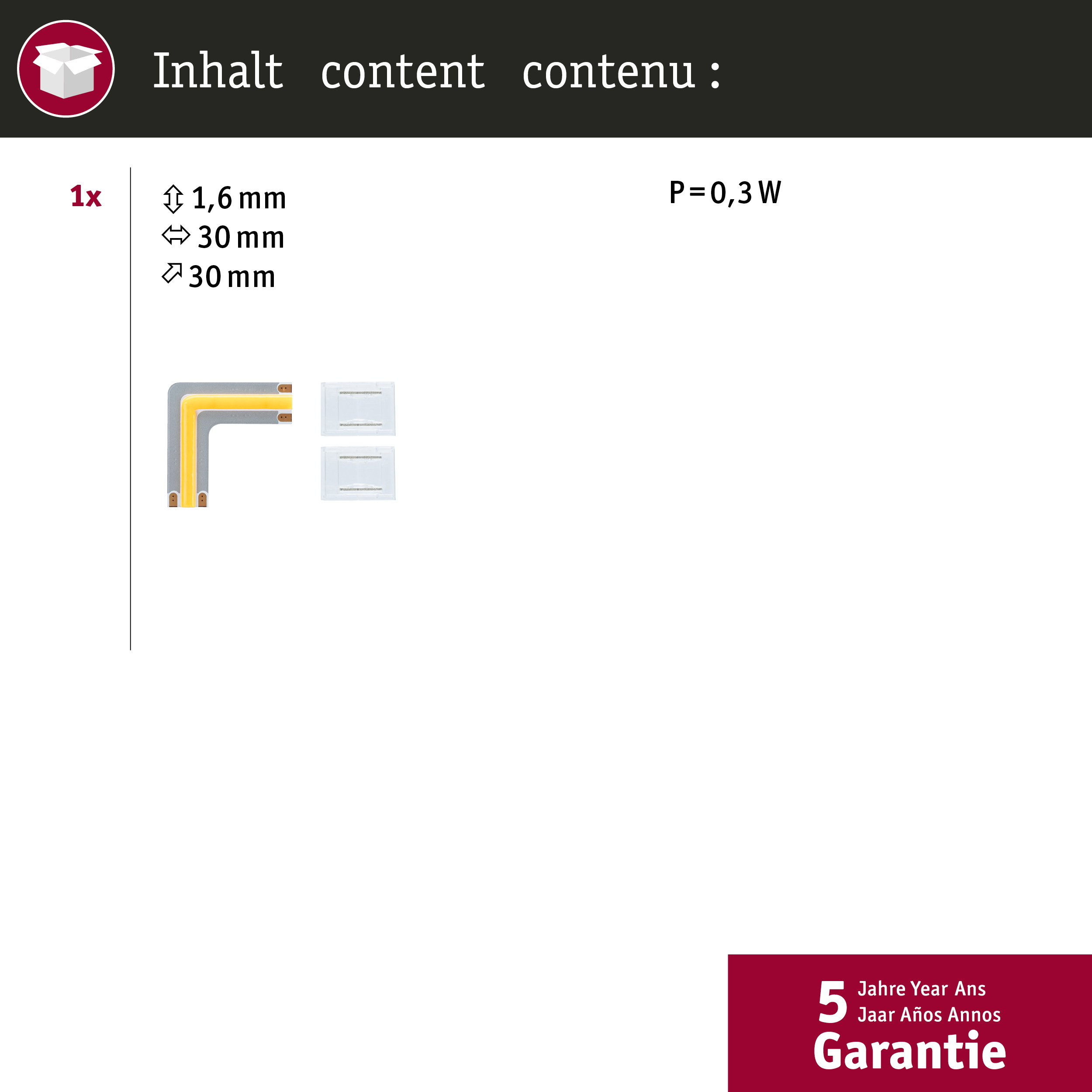 Pasek LED 90 stopni (żółty/szary) i dwie białe podstawy.