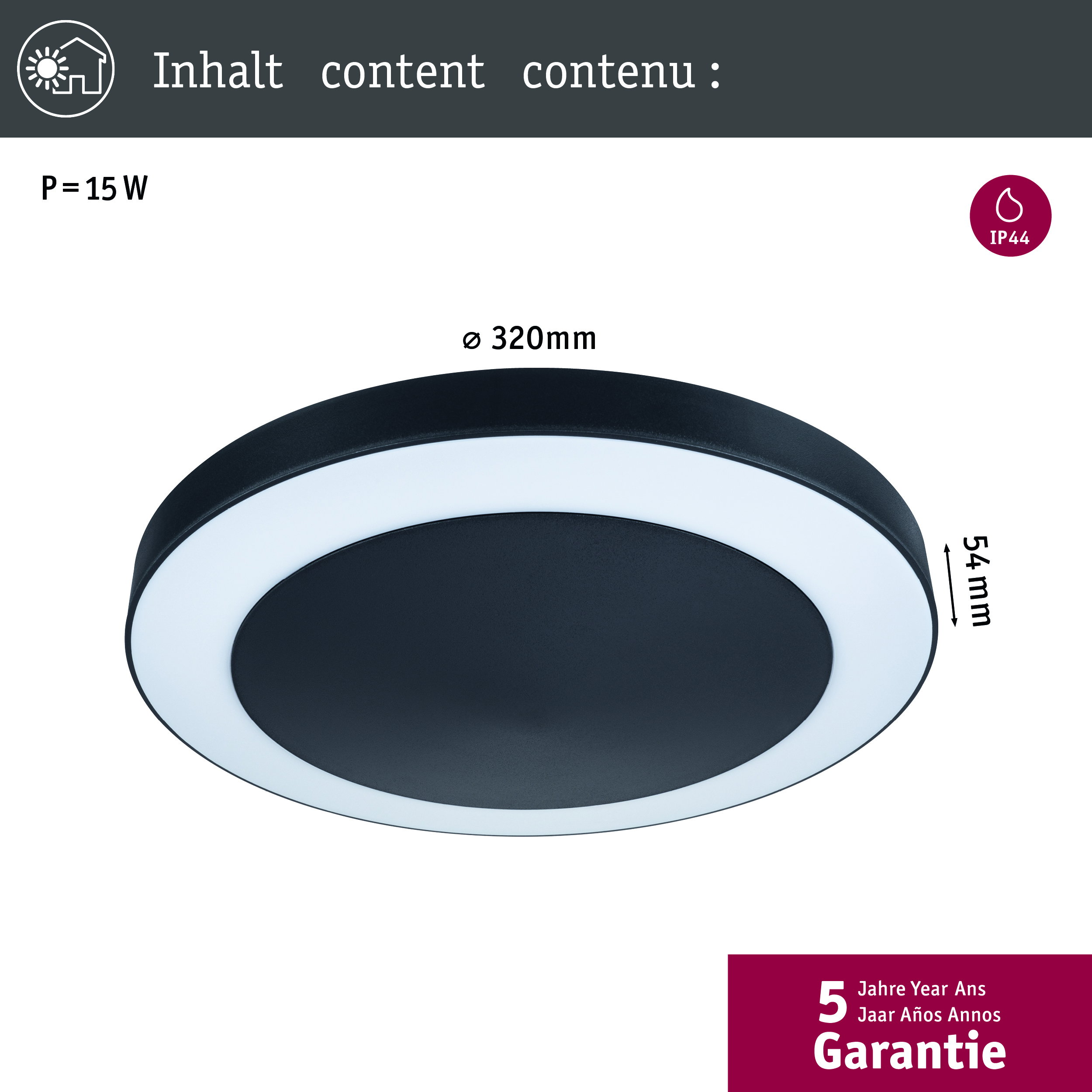 Eine schwarze Deckenleuchte mit weißem Rand, 320mm Durchmesser, 54mm Höhe.