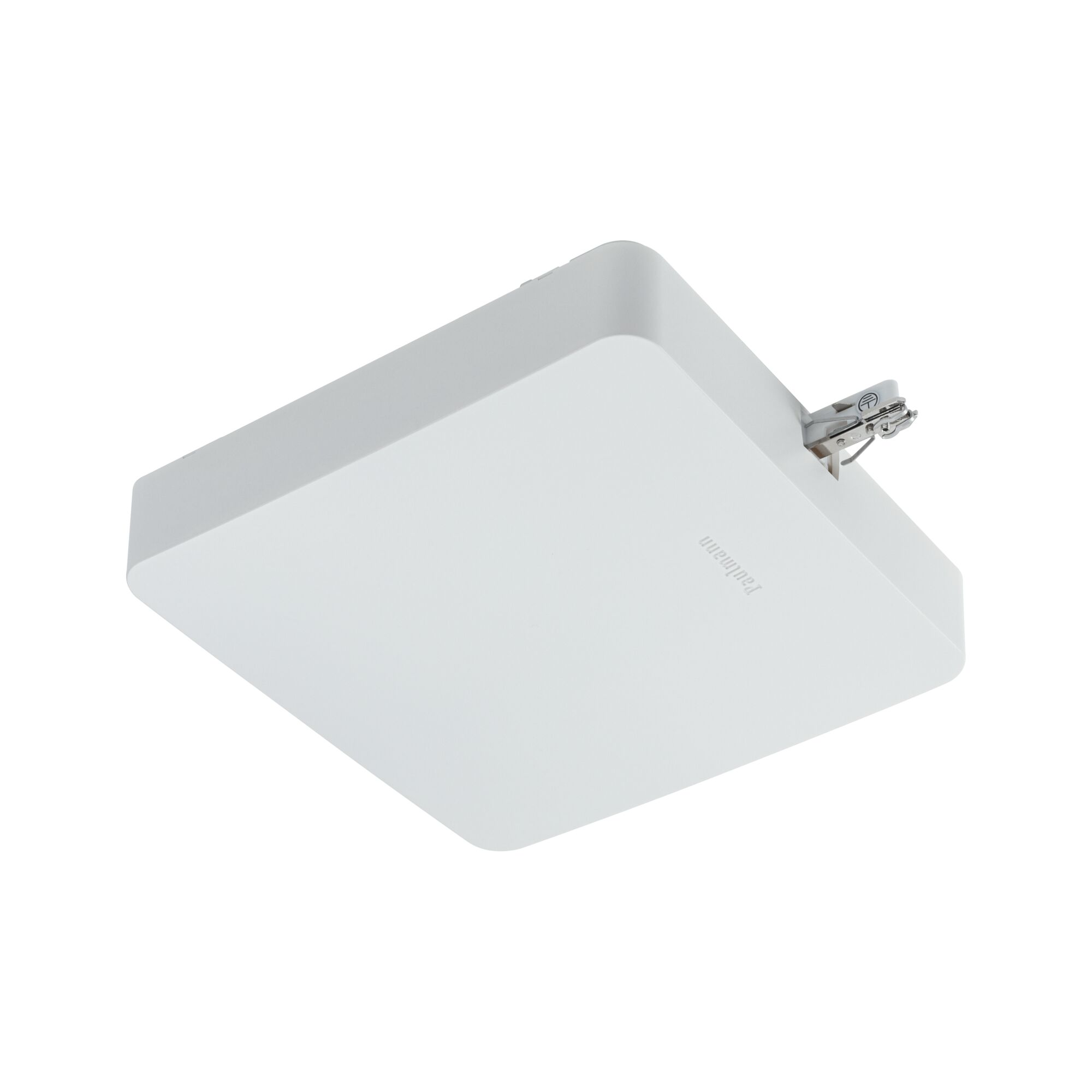 Ein weißes, quadratisches Paulmann Lichtpanel mit silbernen Befestigungsklemmen.