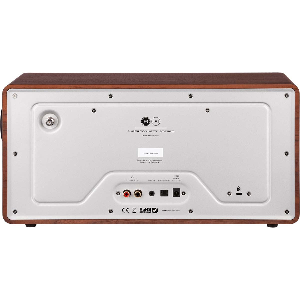 Back of a wooden radio showing antenna, audio, Aux In, and Digital Out ports.