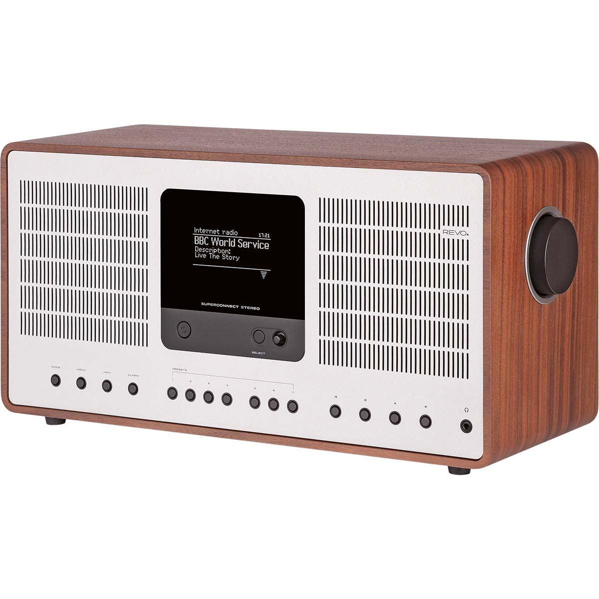 A wooden radio with a black screen displaying BBC World Service internet radio.