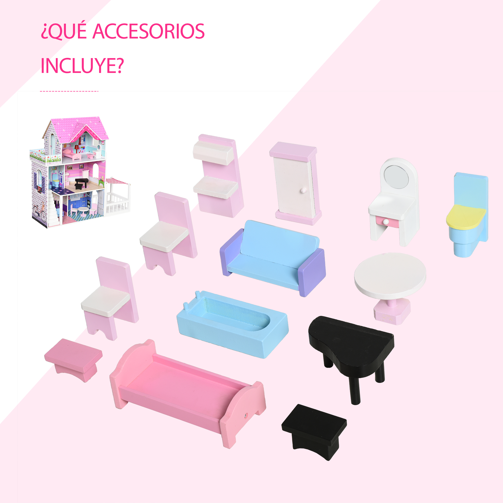 Muebles de casa de muñecas: cama, sofá, sillas, mesa, piano, bañera, inodoro y armario.