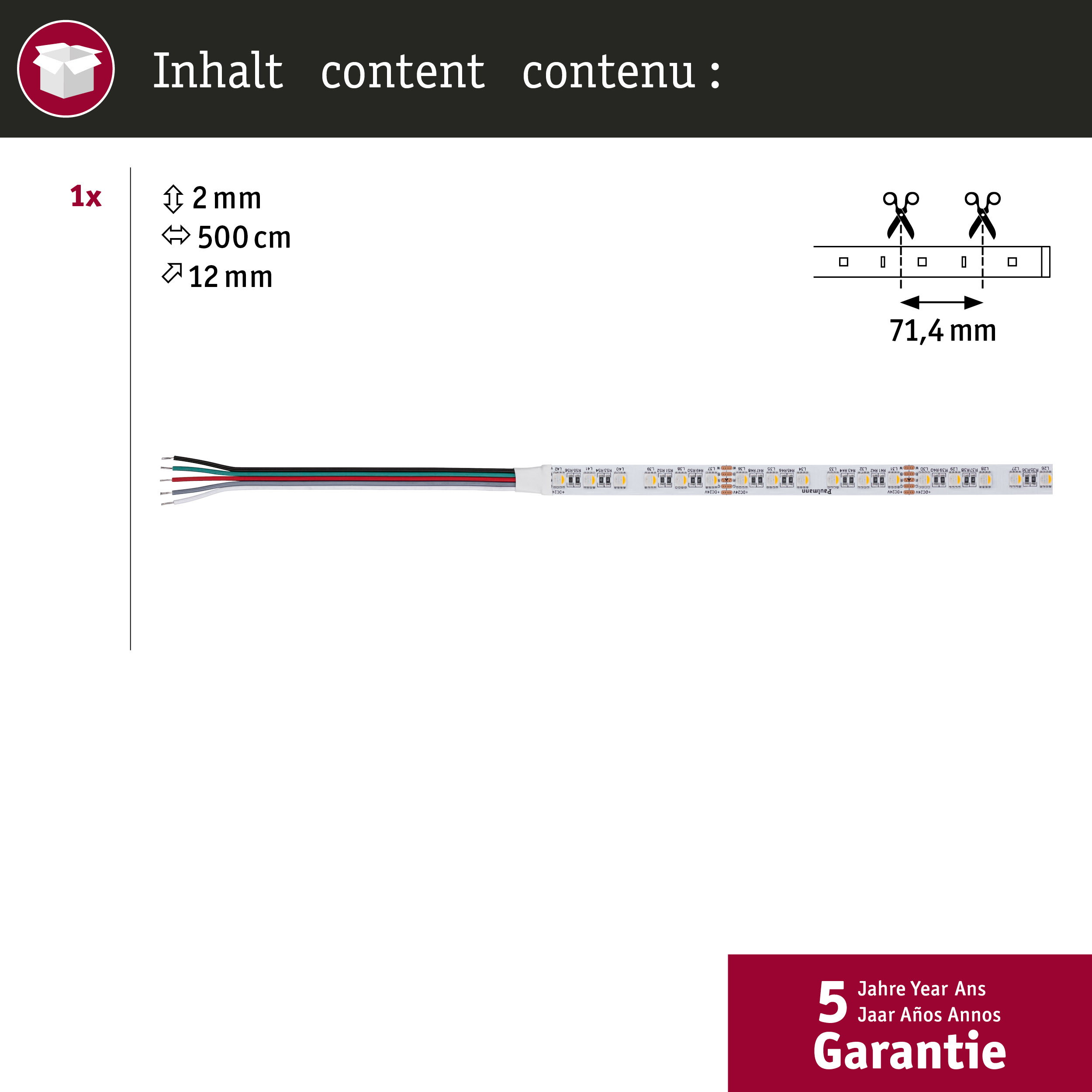 1x Taśma LED z 4 przewodami, wymiary 2mm x 500cm x 12mm. Znaki cięcia.