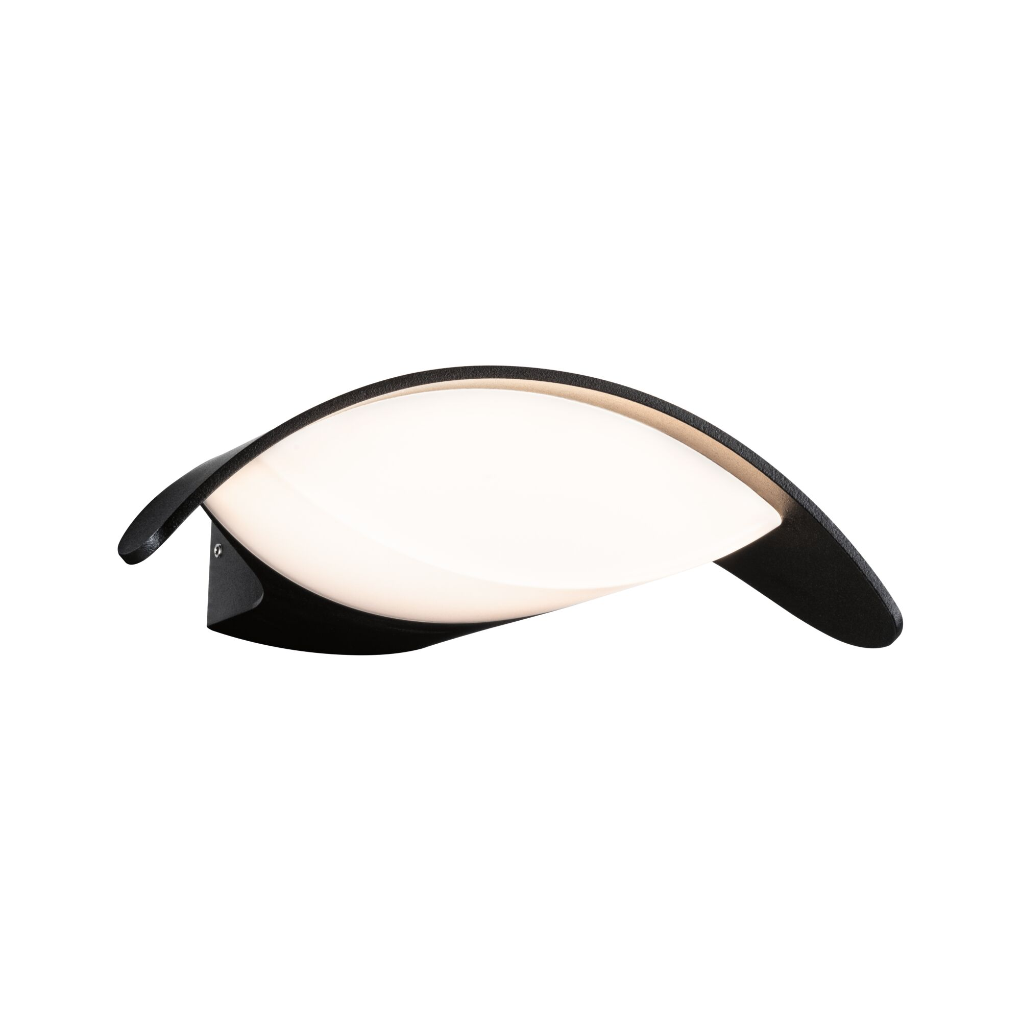 Nowoczesny, zakrzywiony czarny kinkiet z białym oświetleniem.