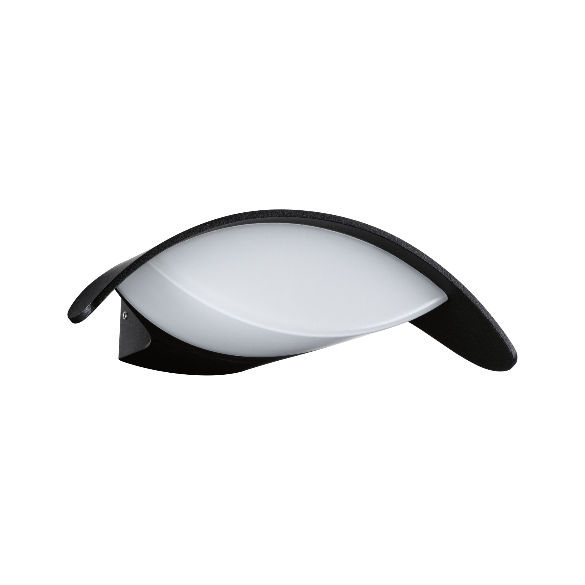 Czarna lampa ścienna o zakrzywionym kształcie z białym dyfuzorem.