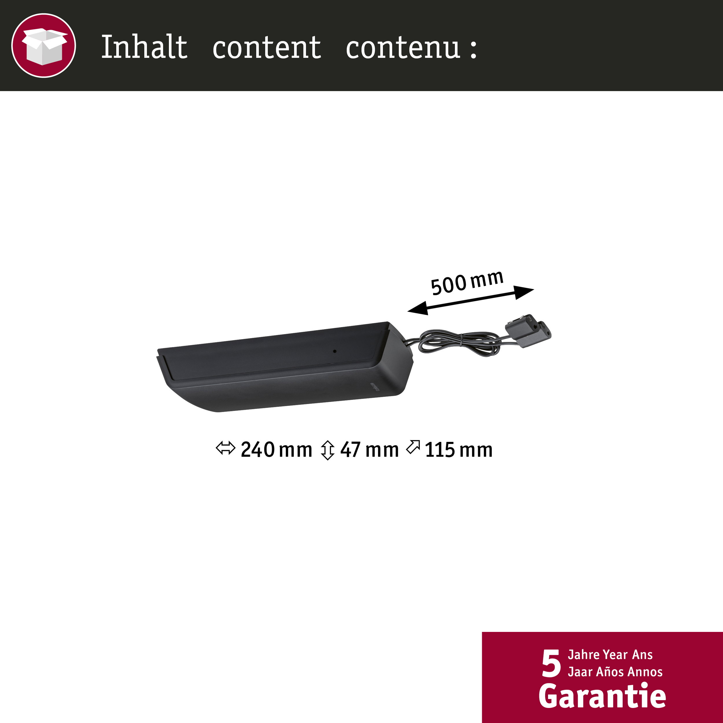 Schwarzes Gerät mit Maßen 240x47x115mm und 500mm Kabel. 5 Jahre Garantie.