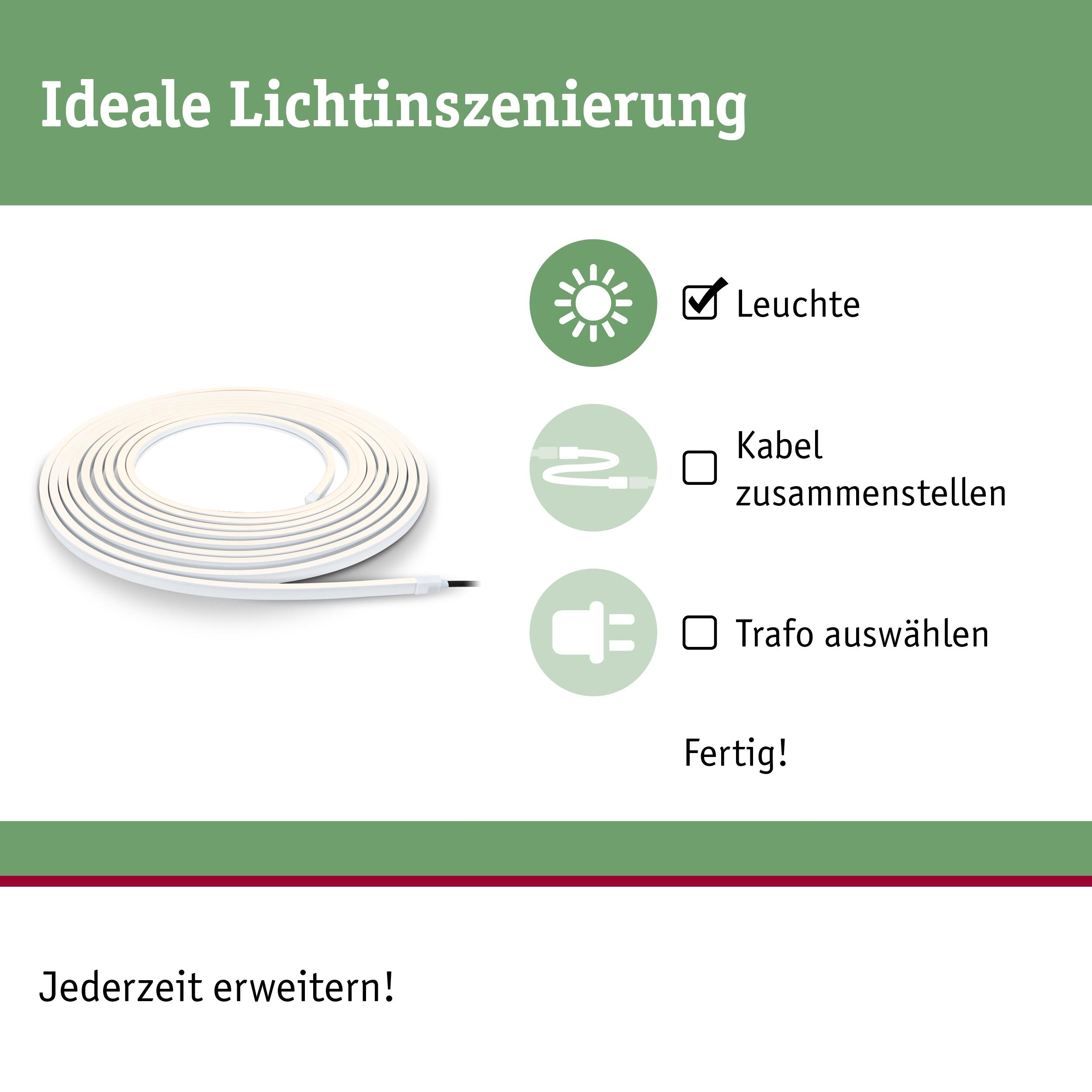 Weiße LED-Leiste, Montageanleitung: Leuchte, Kabel verbinden, Trafo wählen.