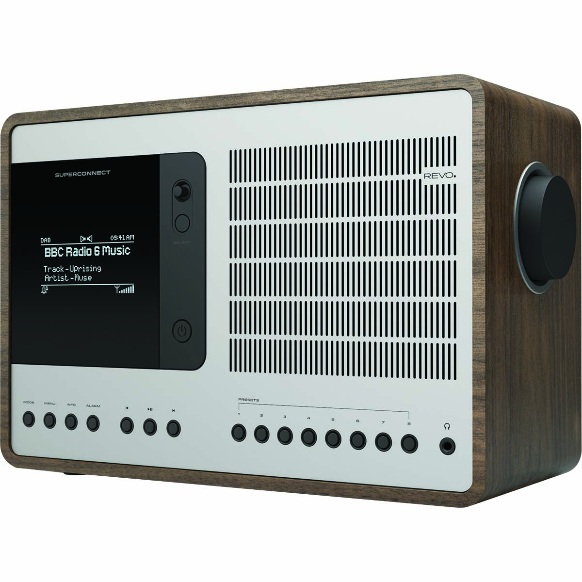 Ein Revo Superconnect DAB-Radio mit Holzmaserung und Digitalanzeige zeigt BBC Radio 6 Music an.