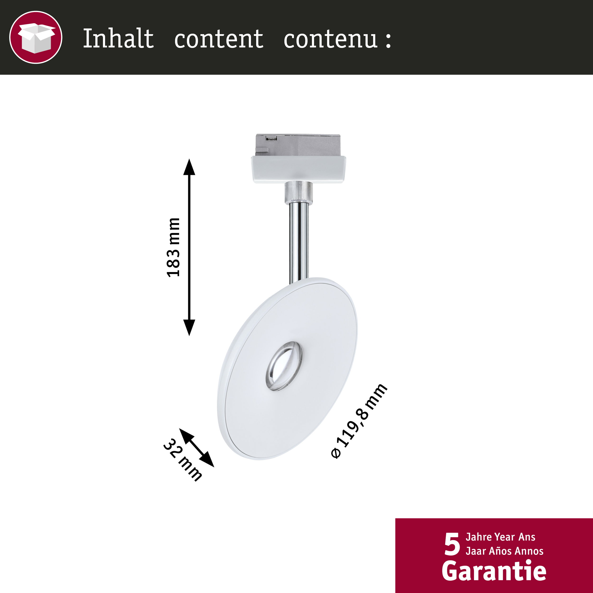 Weiße Lampe mit Maßen: 183 mm Höhe, 32 mm Tiefe, 119,8 mm Durchmesser.