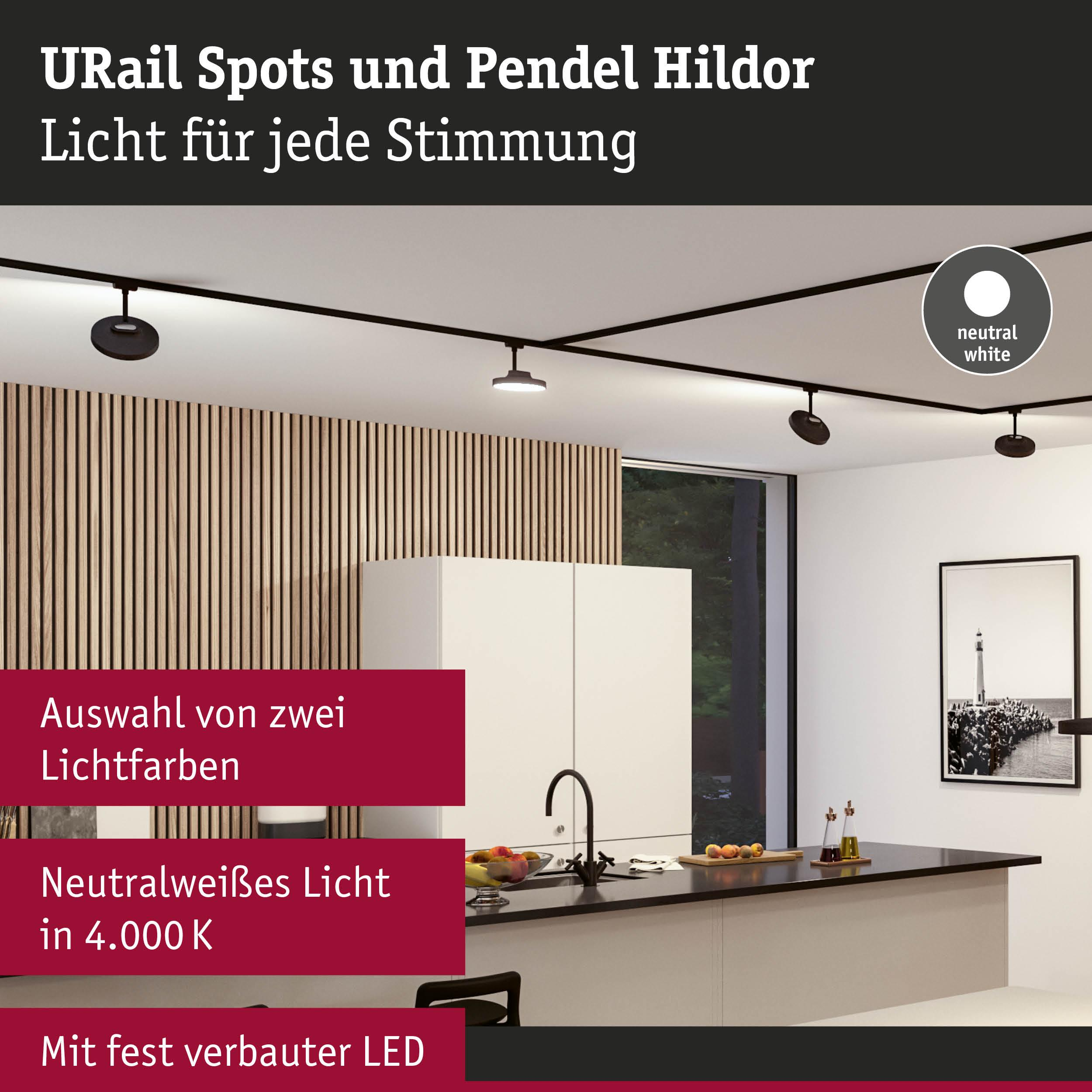 Moderne Küche mit URail Spots und Pendelleuchte Hildor, neutralweißer Lichtwahl.
