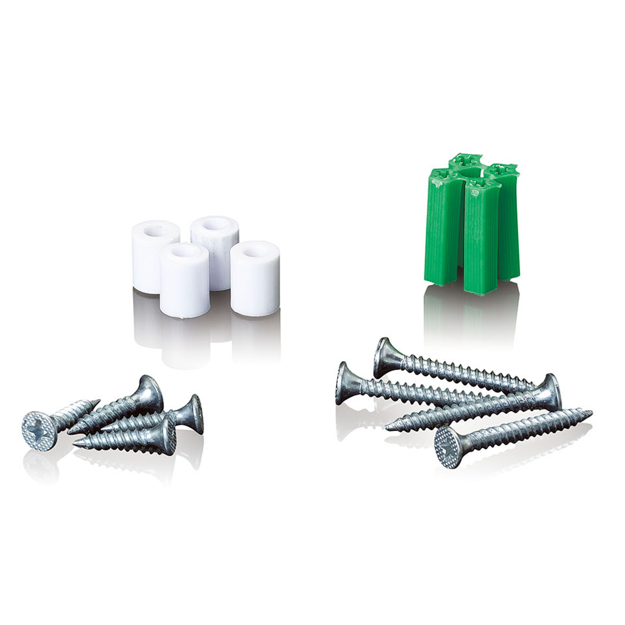Białe kołki i śruby, zielone kołki i śruby na białym tle.