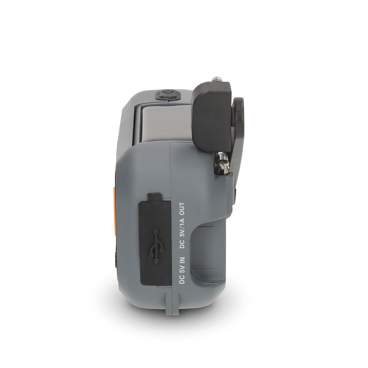 Grijs apparaat met USB-poort en tekst DC 5V IN DC 5V/1A OUT.