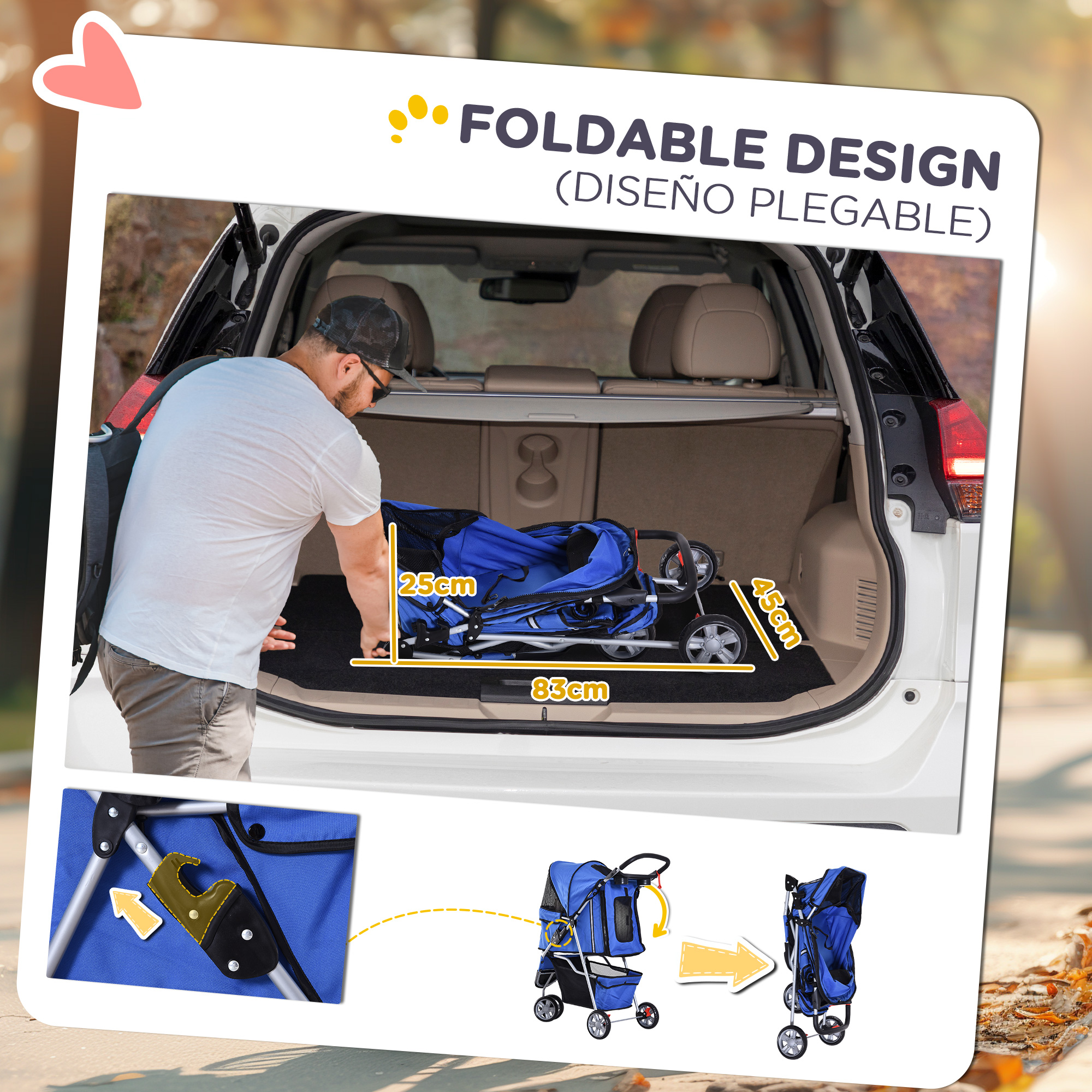 Hombre carga cochecito plegable azul en SUV. Dimensiones: 83x25x45cm.