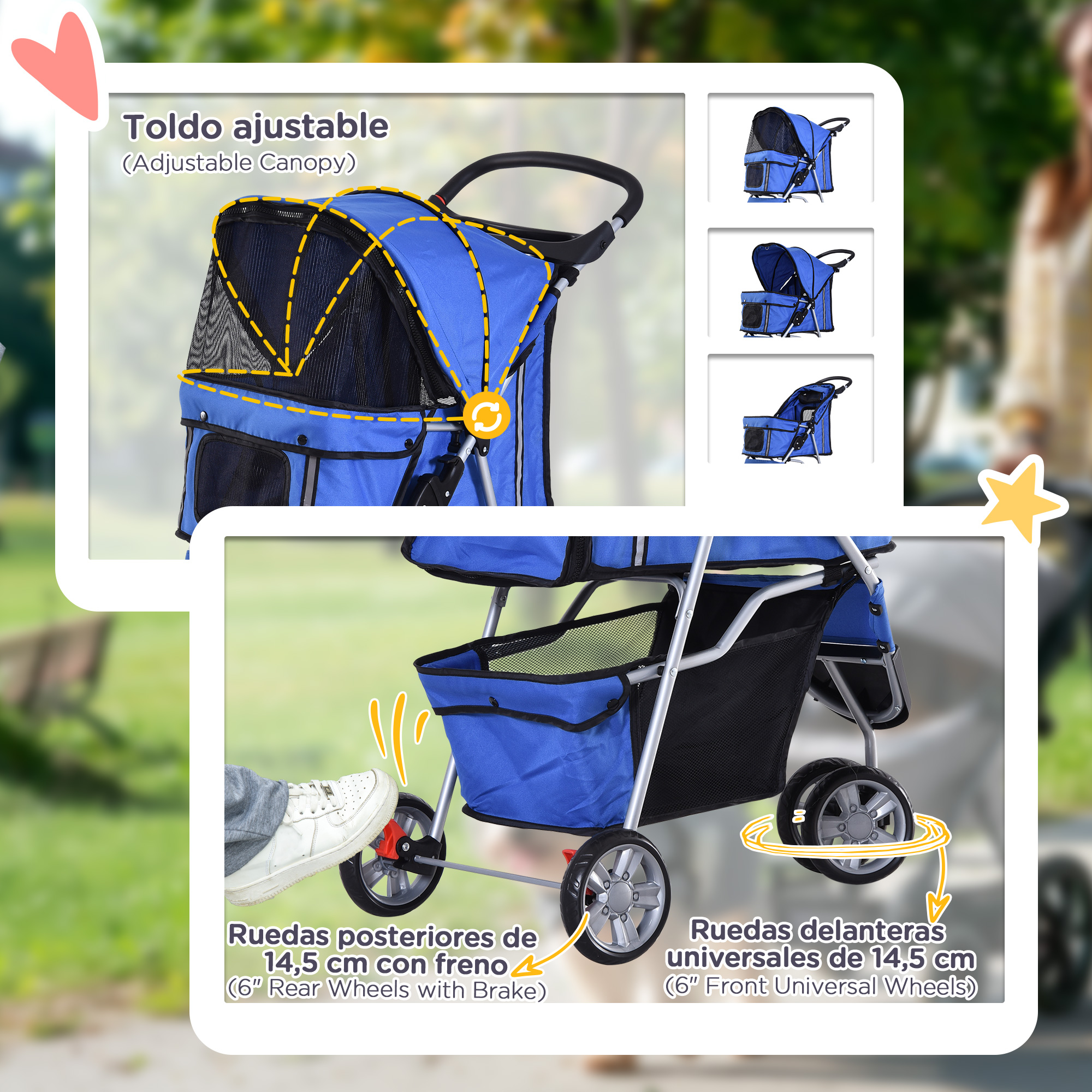 Cochecito azul para mascotas con capota ajustable.