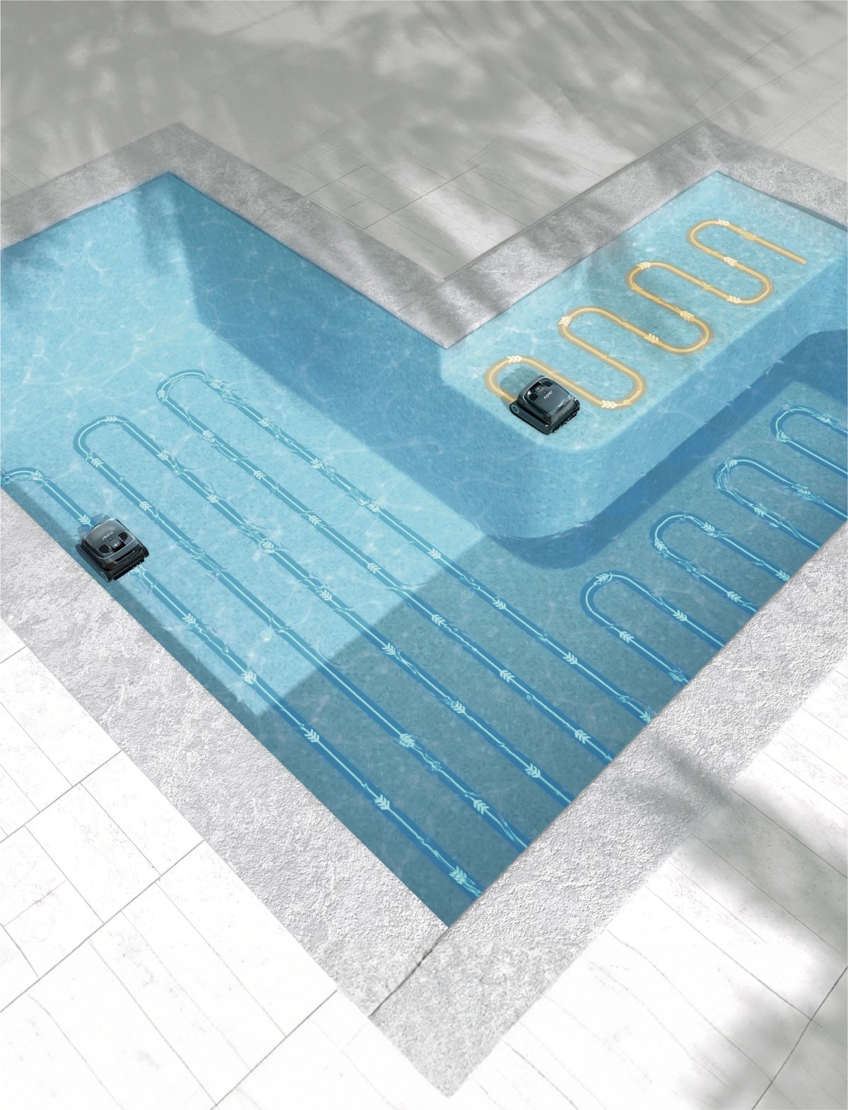 Dos limpiadores de piscinas operan en una piscina con un patrón de tablero de ajedrez.