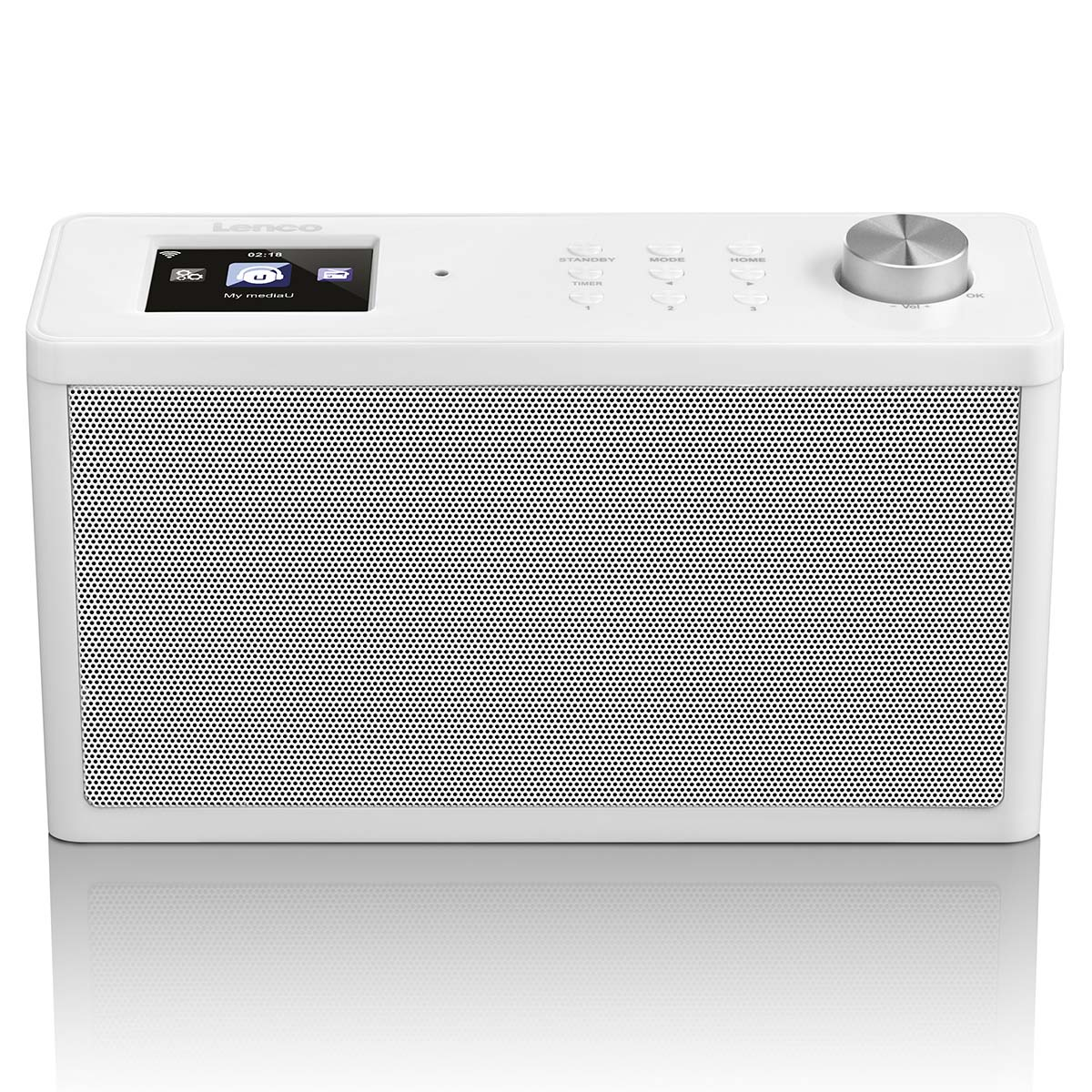 A white Lenco speaker with a small screen and buttons on top.