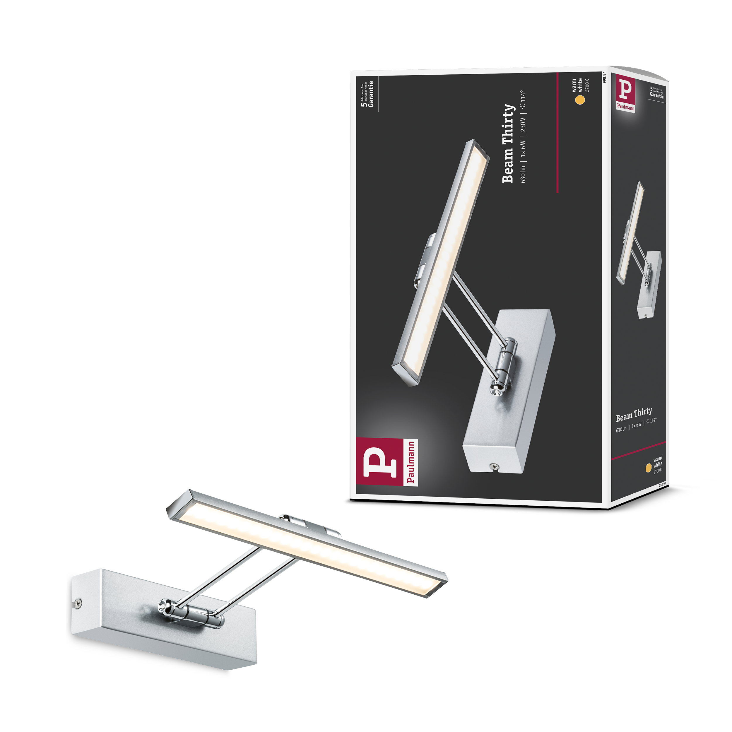 Srebrna lampa z ciepłym białym światłem na ciemnym opakowaniu. Paulmann.