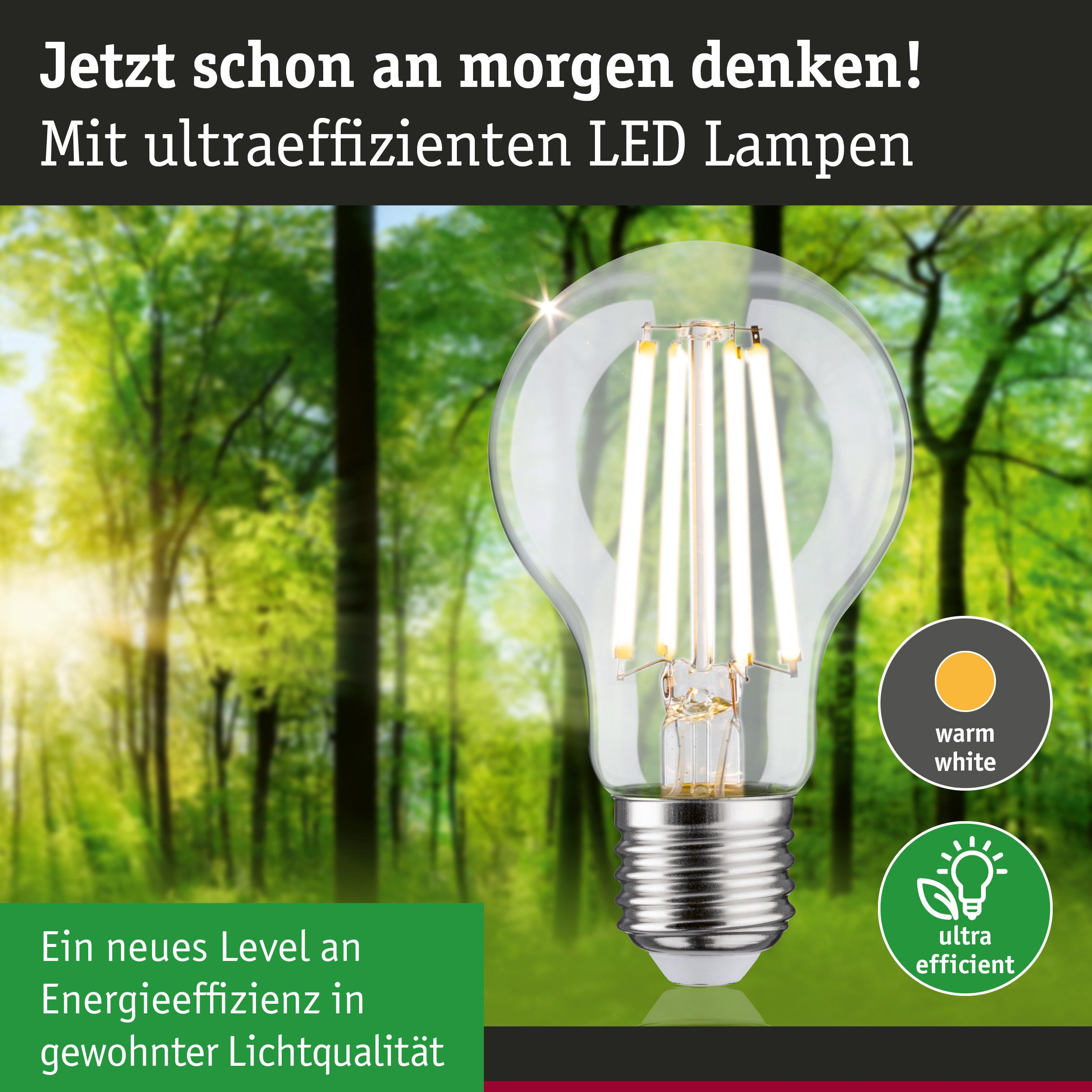 Eine LED-Lampe mit warmweißem Licht und dem Hinweis „ultra effizient“.