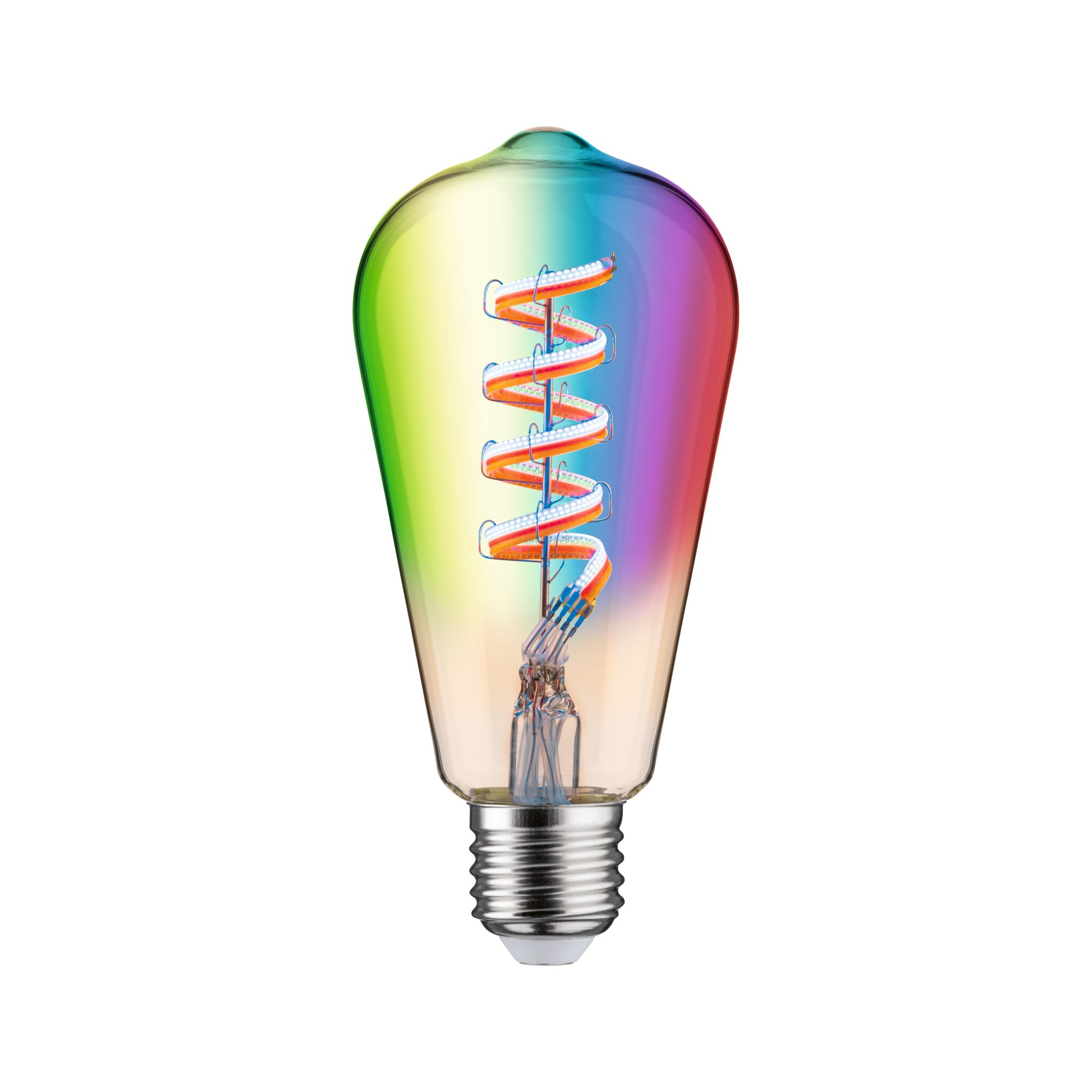 Eine Edison-Glühbirne mit Regenbogen-Farbverlauf und gewendelter LED-Spiralform.