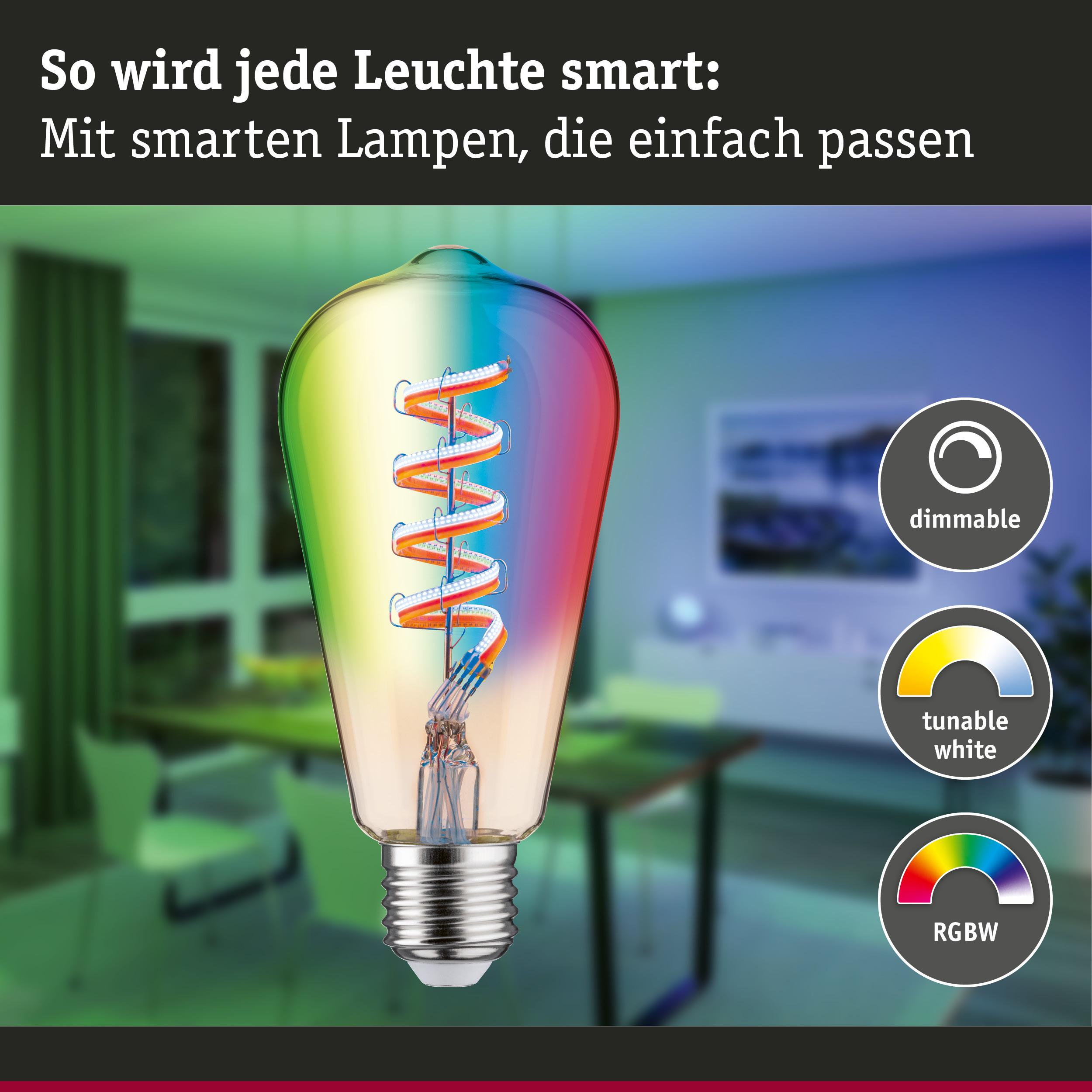 Eine smarte Glühbirne mit RGBW-Farben, dimmbar und einstellbar.