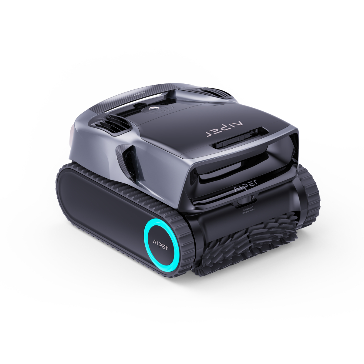 Un robot de piscina negro con orugas y luces azules sobre fondo blanco.