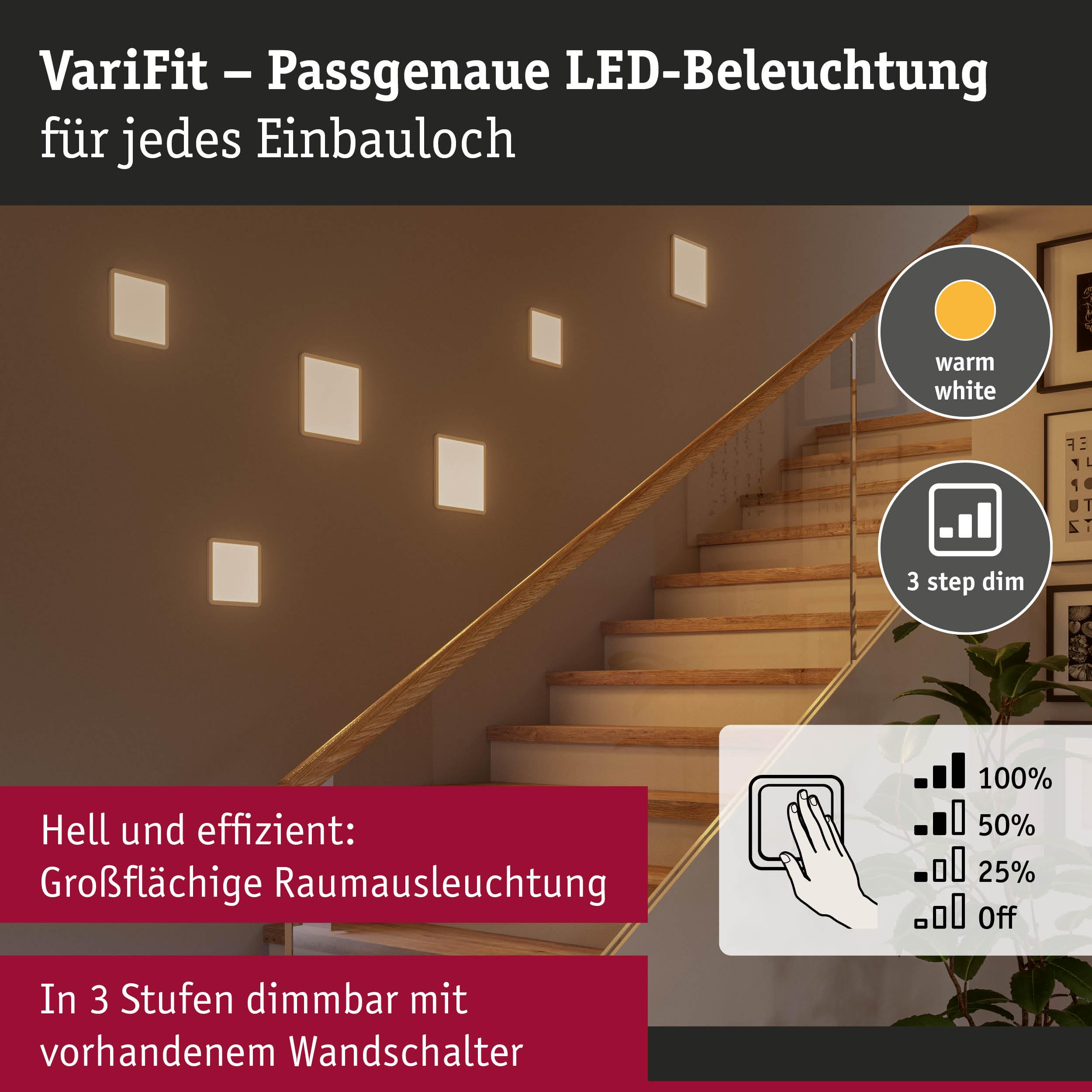 Treppe mit Einbaustrahlern an der Wand. Warmweiß, 3-stufig dimmbar.