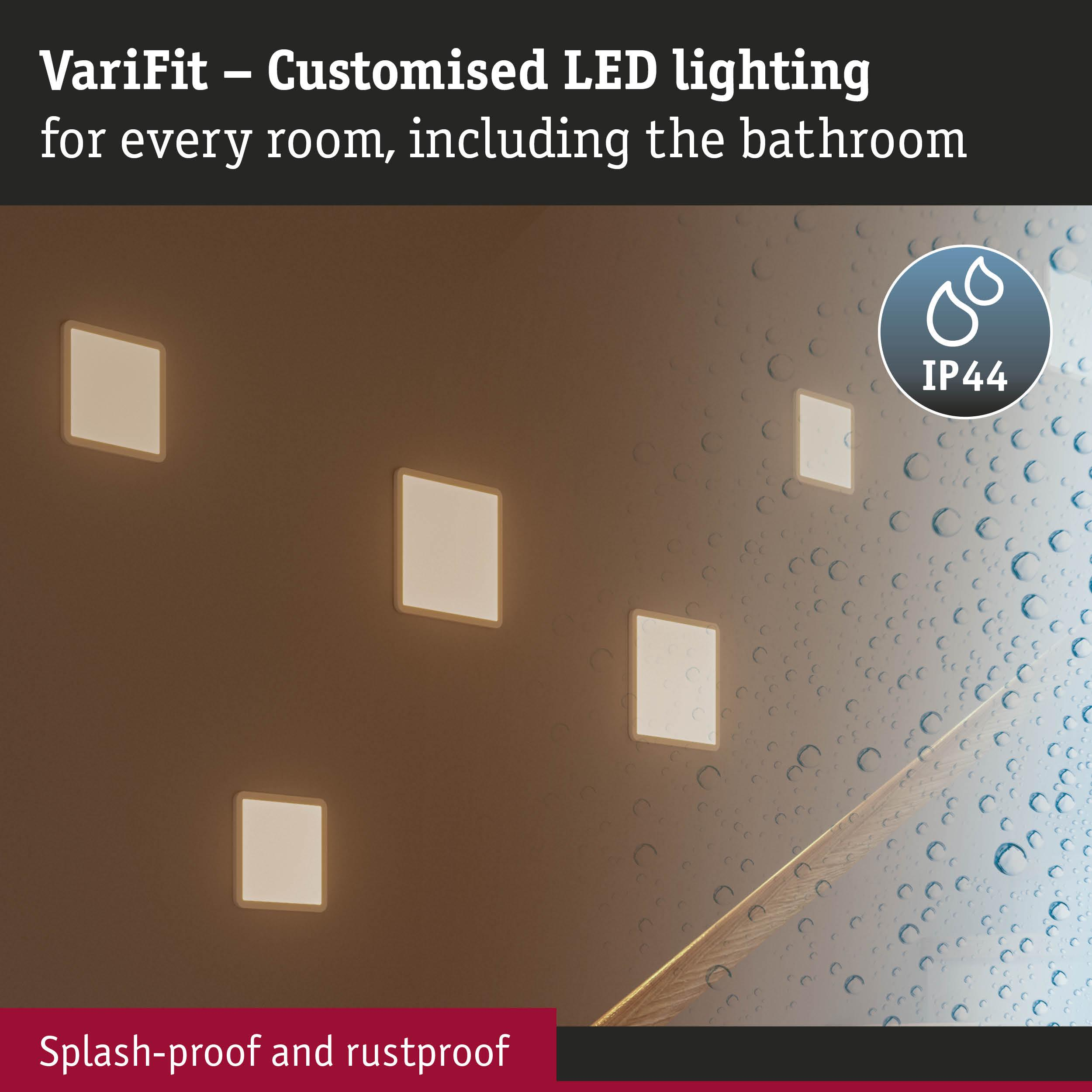 Quadratische LED-Leuchten an einer Wand, IP44-Symbol.