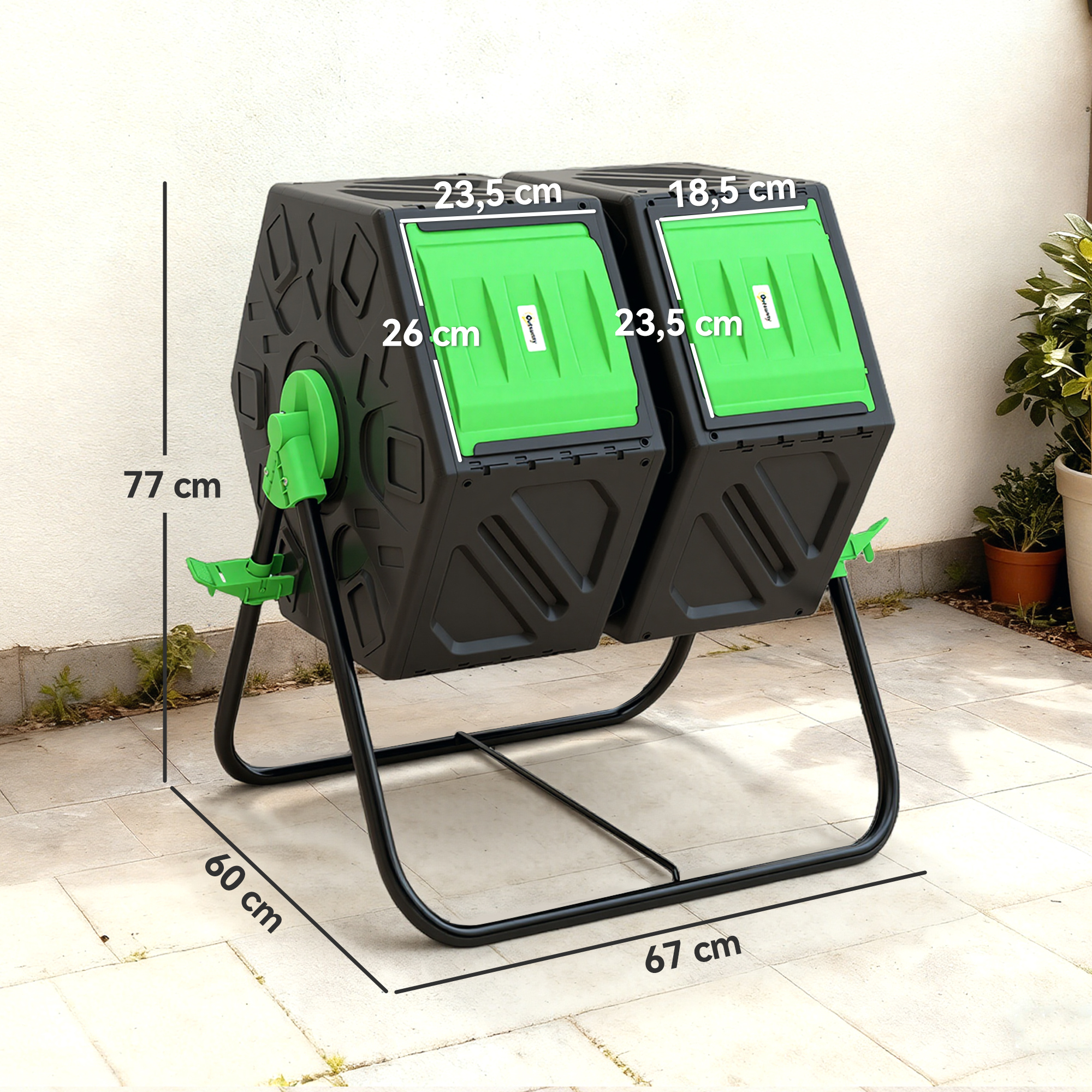 Compostador negro con dos cámaras verdes y dimensiones.