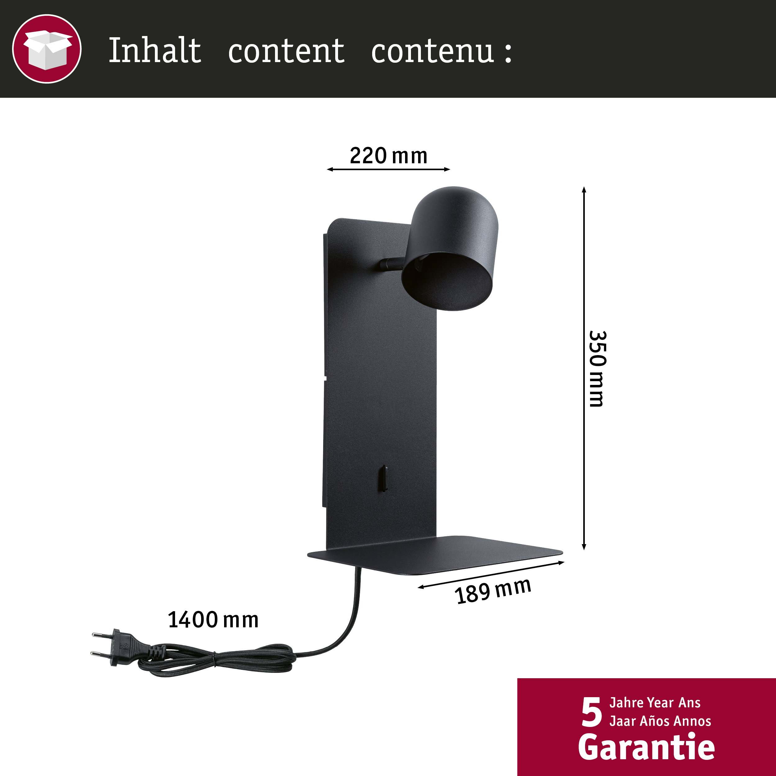 Czarny reflektor ścienny z regulowaną głowicą. Wymiary: 220x350x189mm. Kabel 1400mm.