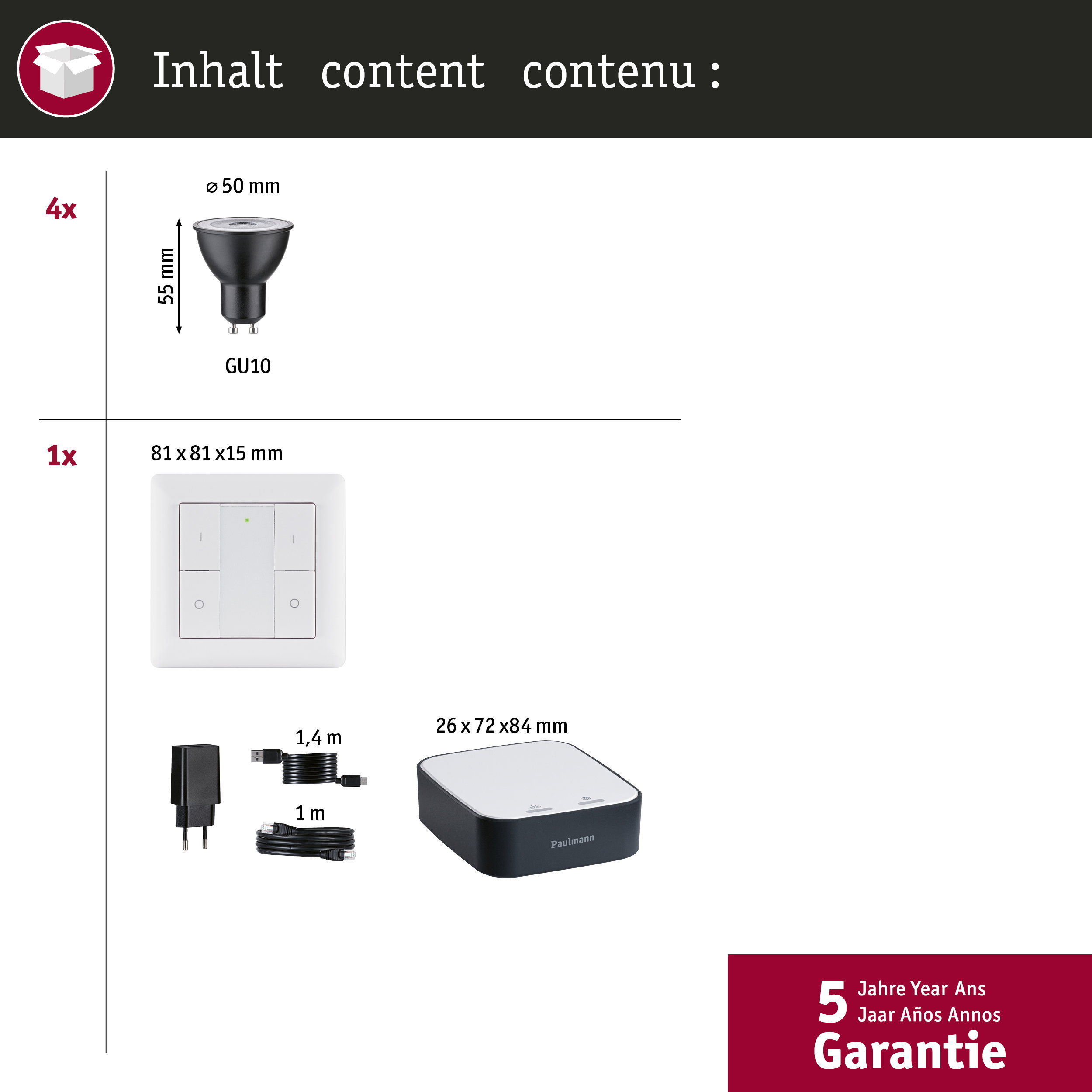 Zawartość: 4x żarówki GU10, 1x włącznik, 1x zasilacz, 2x kable, 1x hub.