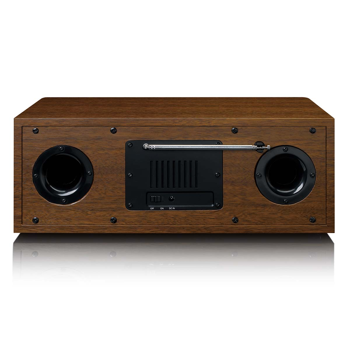 Radio in legno con due altoparlanti, antenna e controlli sul pannello posteriore.