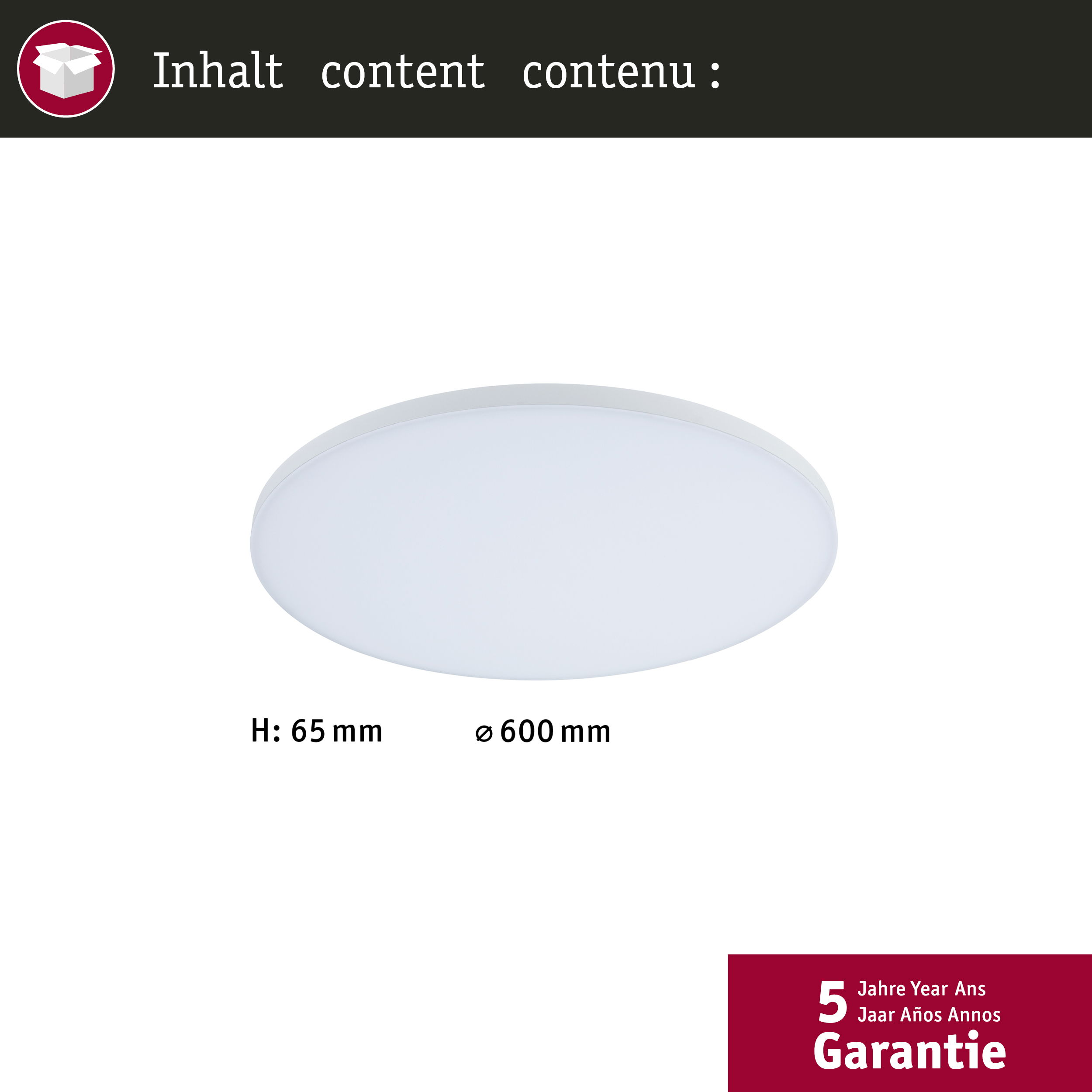 Eine runde weiße Deckenleuchte mit 65mm Höhe und 600mm Durchmesser.