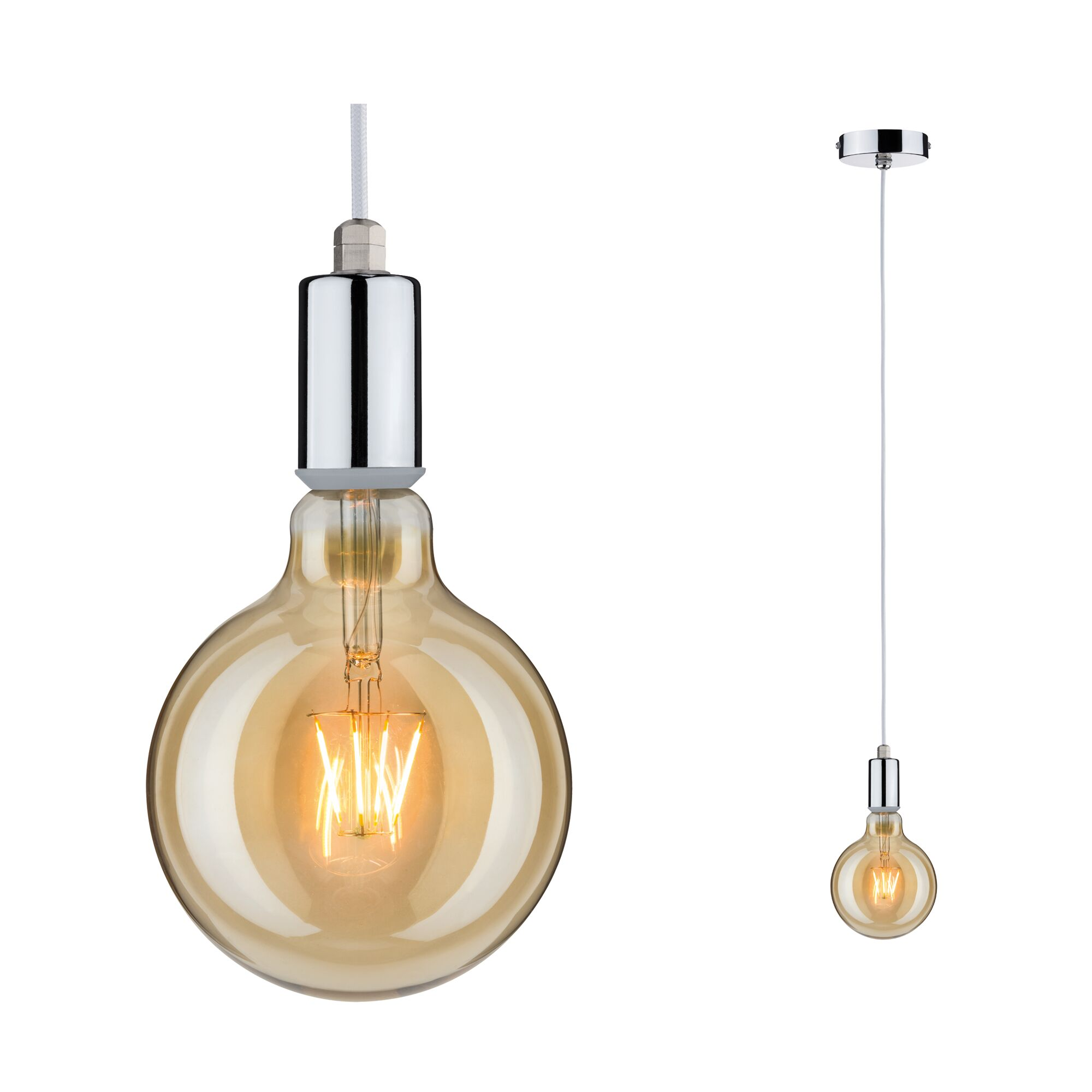 Lampa wisząca z dużą, bursztynową żarówką szklaną i widocznym żarnikiem.