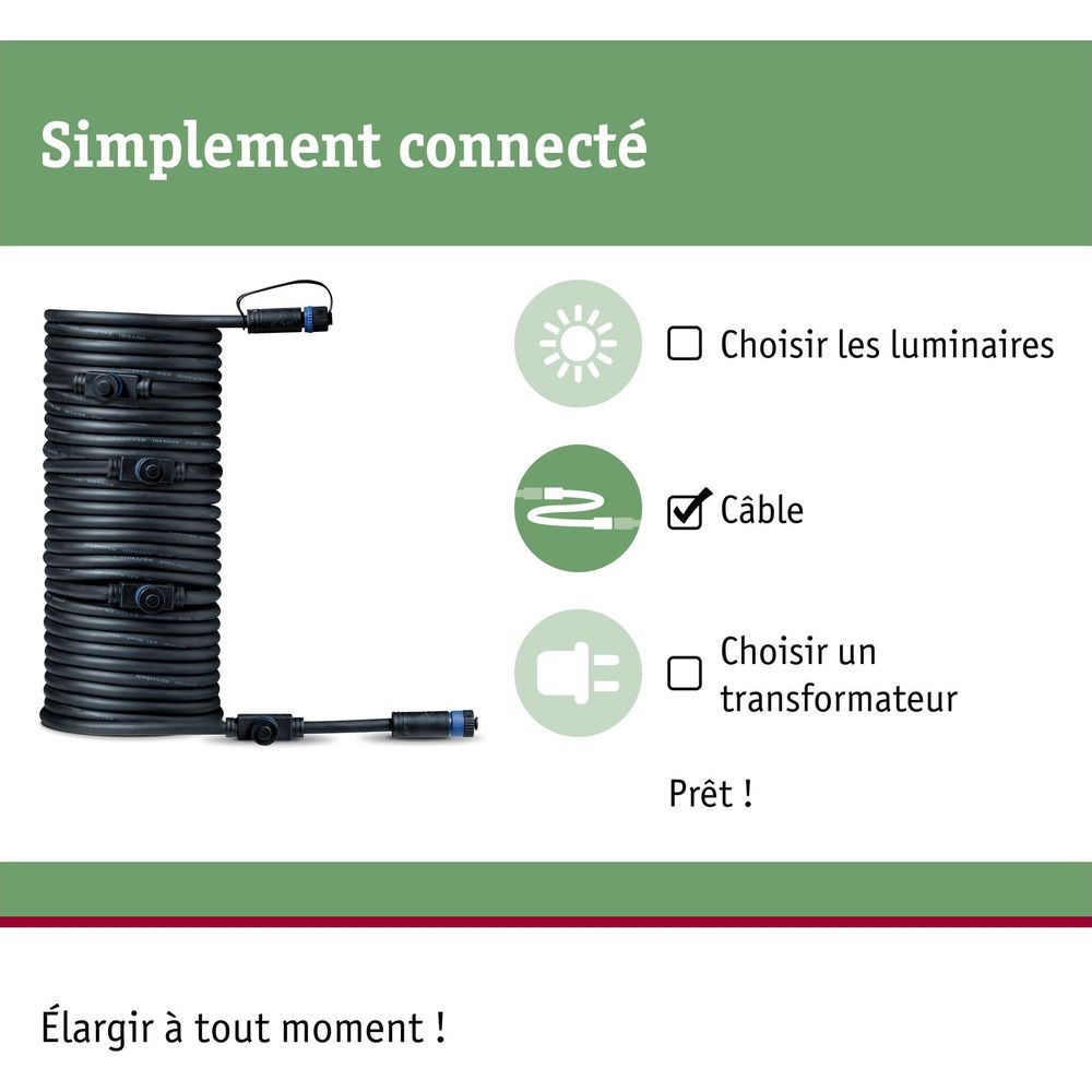 Schwarzes Kabel mit blauen Steckern, Anleitungsschritte: Leuchten, Kabel, Transformator.