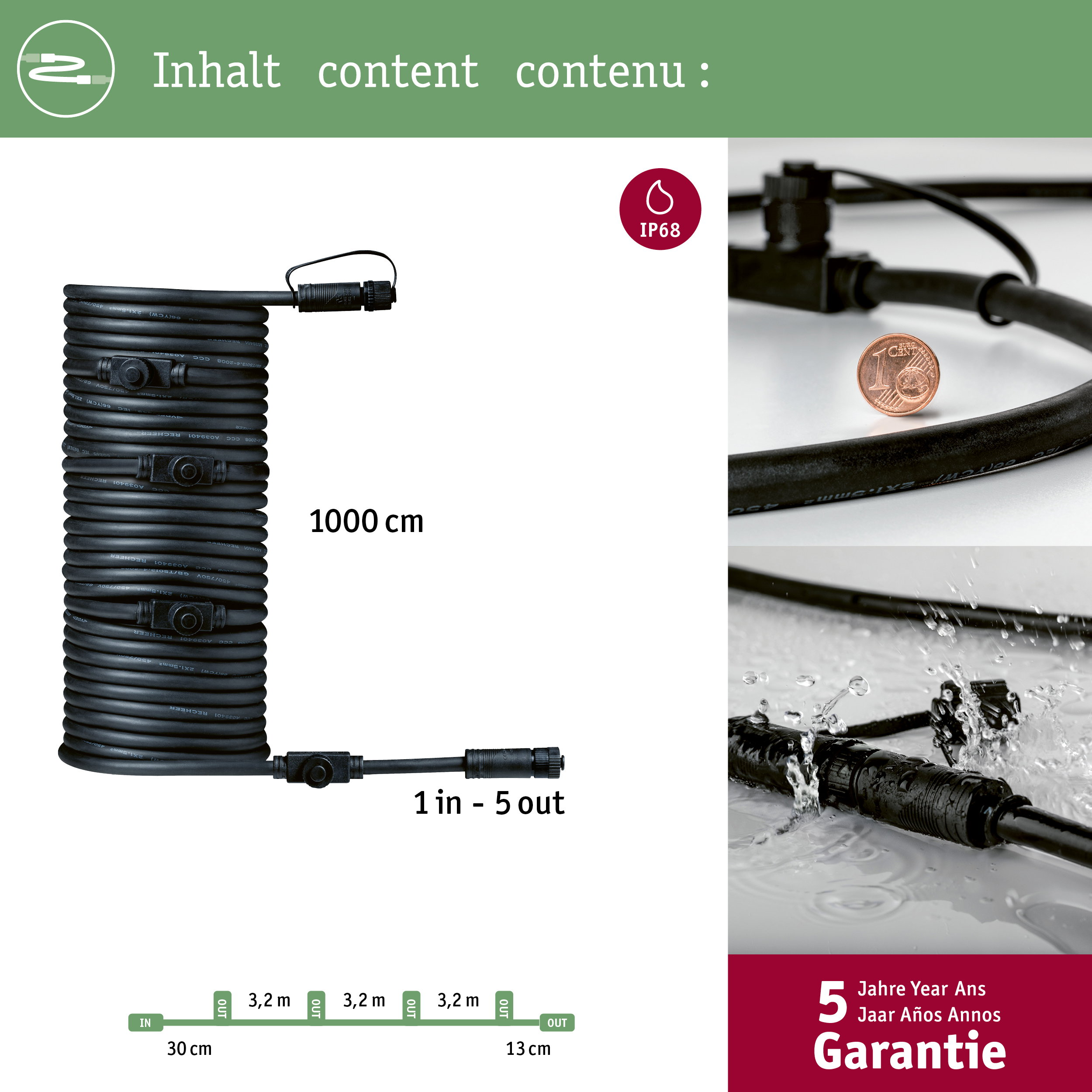 Schwarzes Kabel 1000 cm, 1-zu-5-Anschluss, IP68, mit 5 Jahren Garantie.