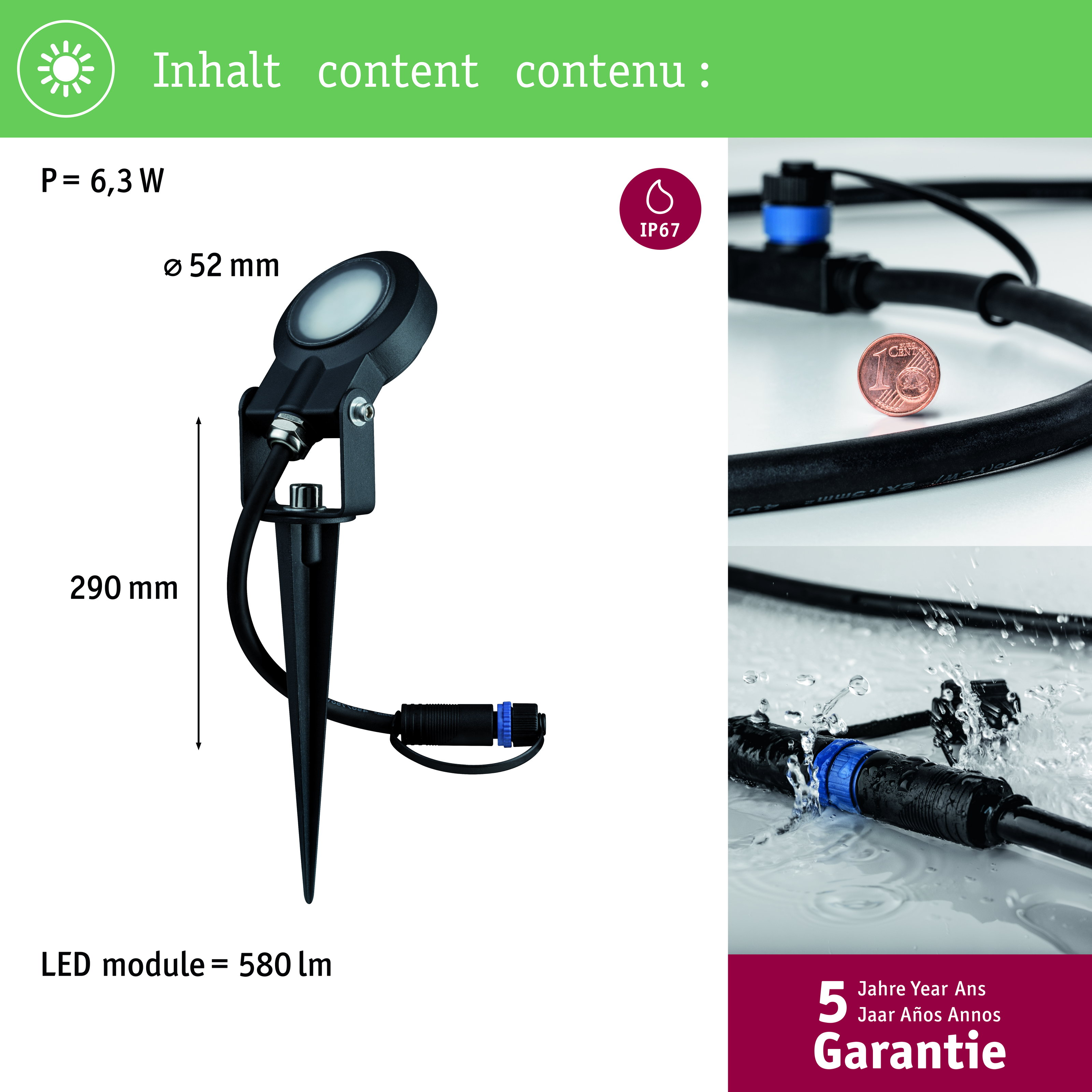Gartenleuchte mit 6,3W, Ø52mm, 290mm Höhe, IP67, 580lm.