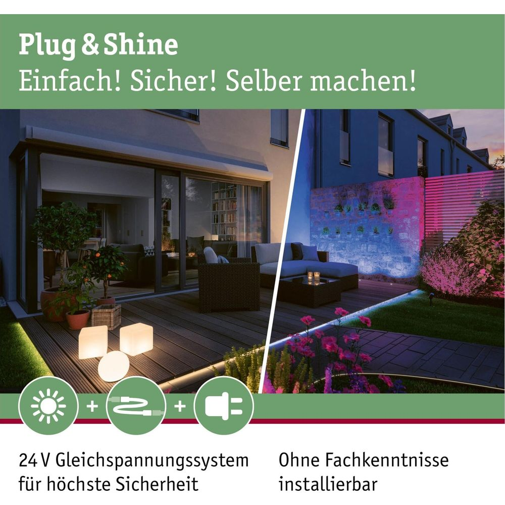 Nowoczesne patio z kolorowymi światłami LED i tekstem: Plug & Shine.