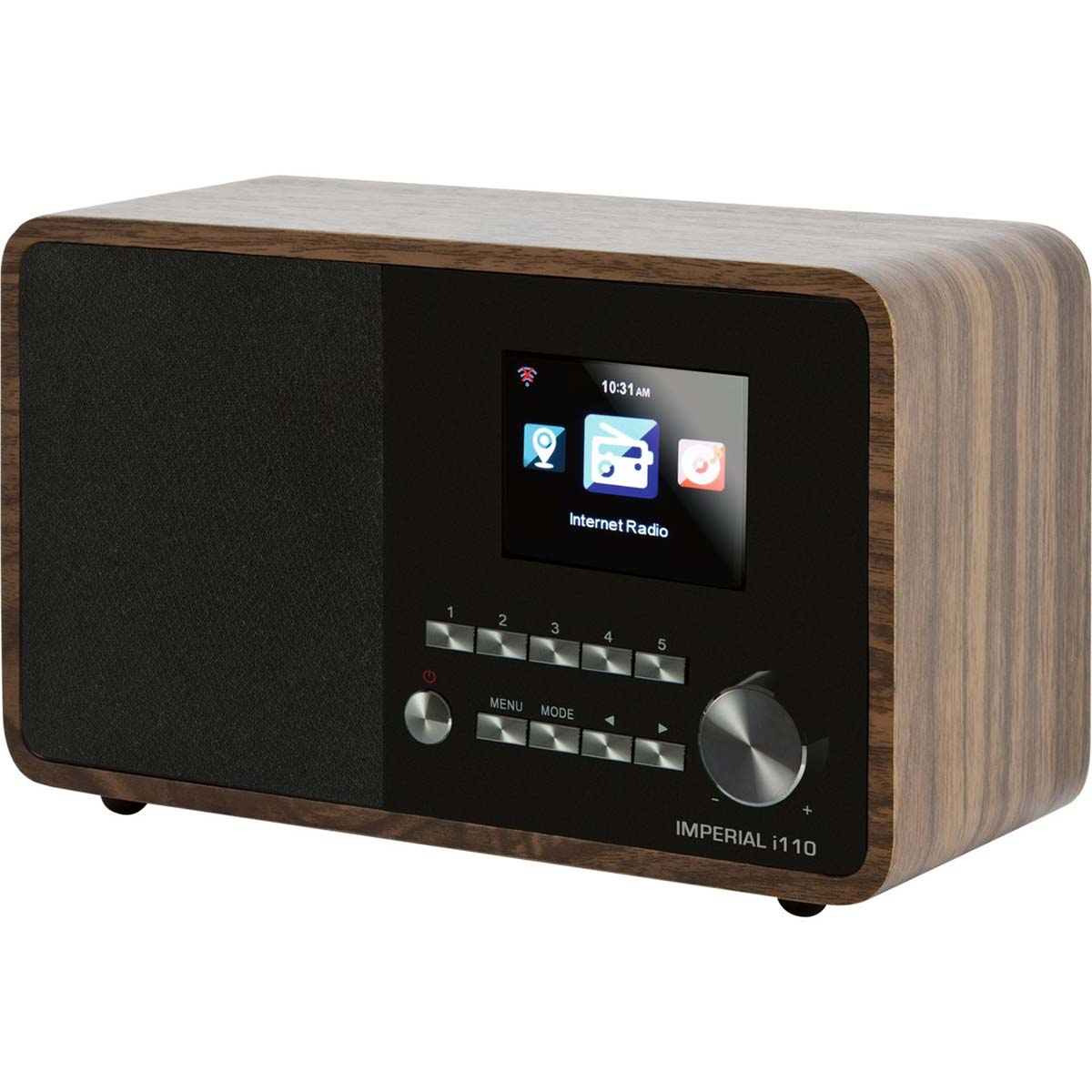 Ein Internetradio aus Holz mit schwarzem Lautsprecher und Farbbildschirm mit Symbolen.