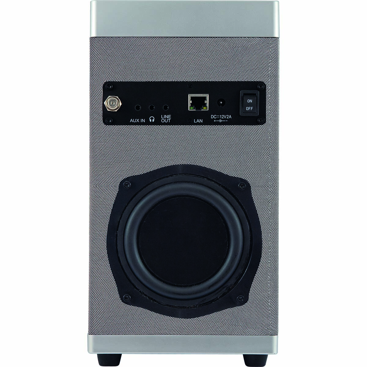 Rear view of a silver speaker with a visible woofer and ports for audio input.