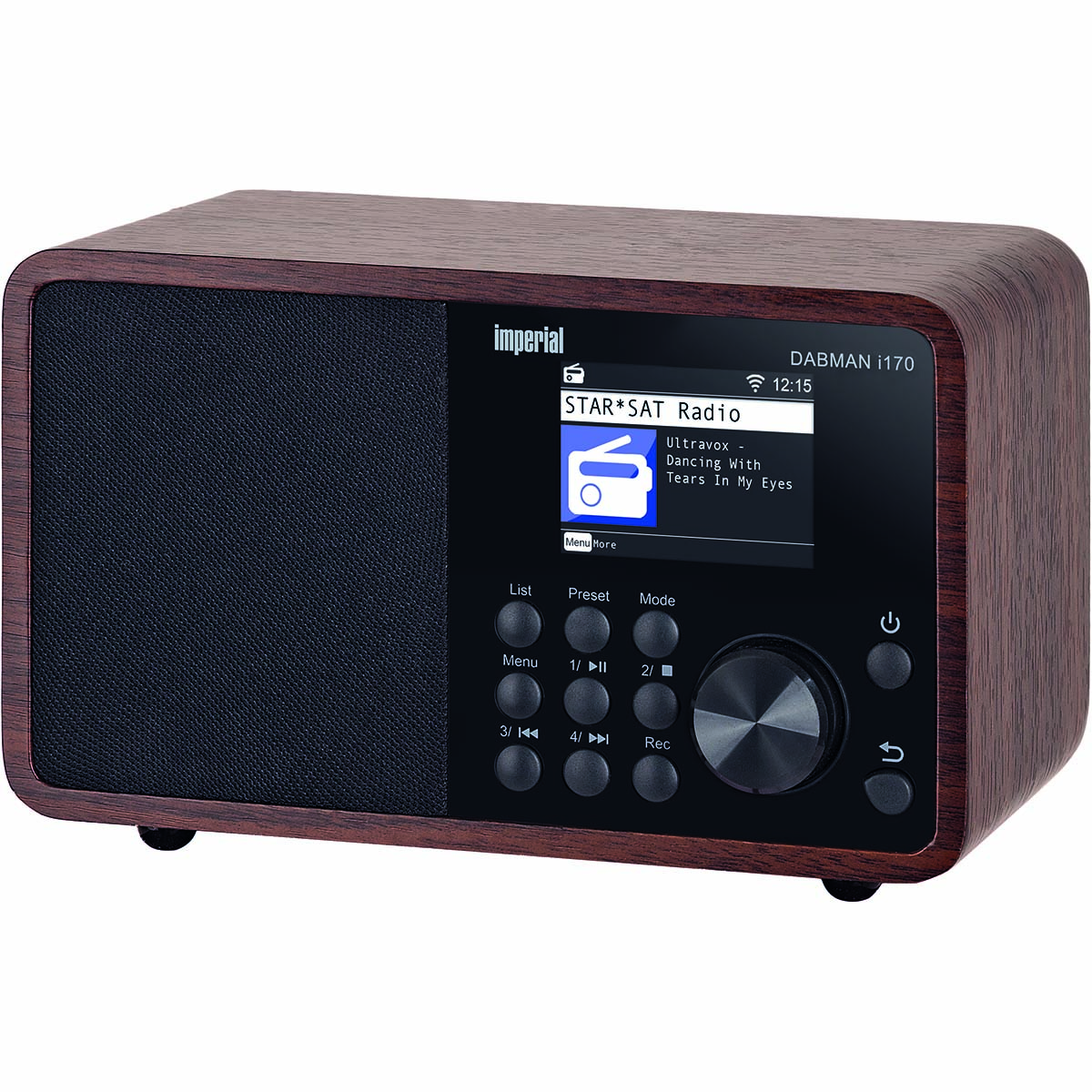 A brown DAB+ radio with a screen displays the song "Dancing With Tears In My Eyes".