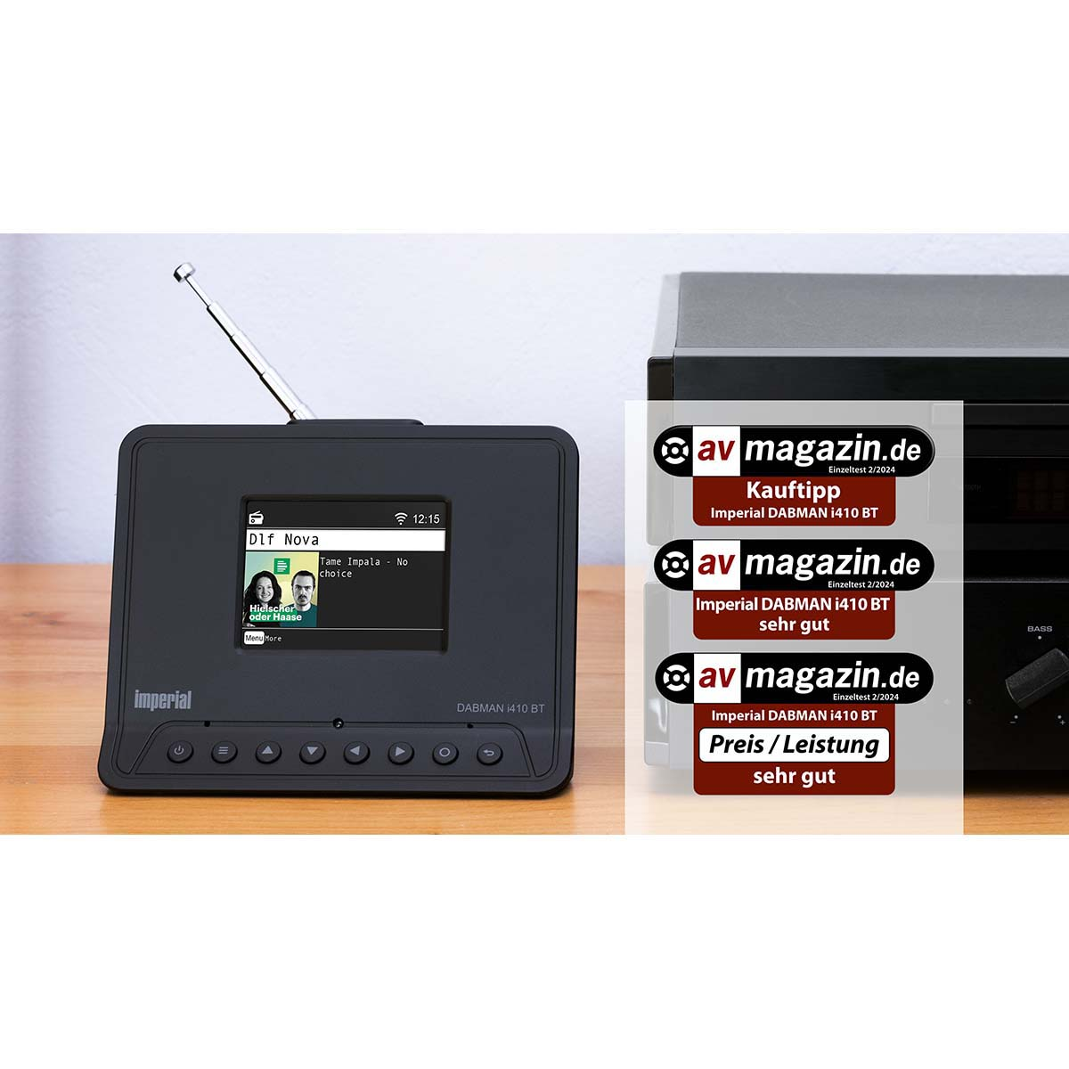 Black Imperial DABMAN i410 BT radio with extendable antenna and display screen.