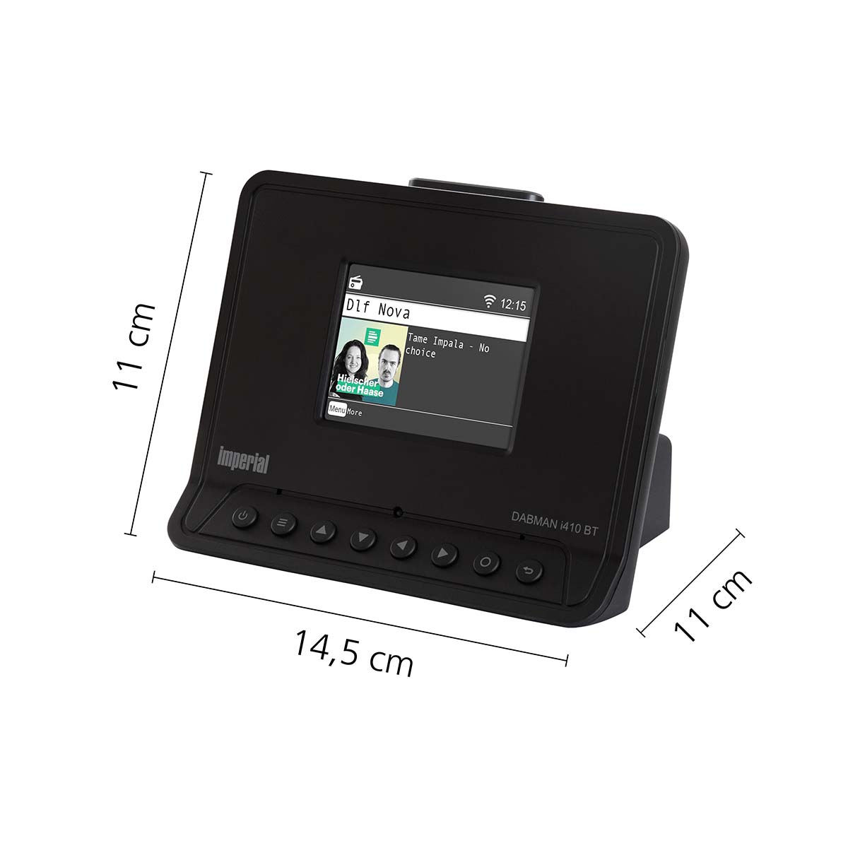 A black DAB+ radio with a display and control buttons. Dimensions are indicated.
