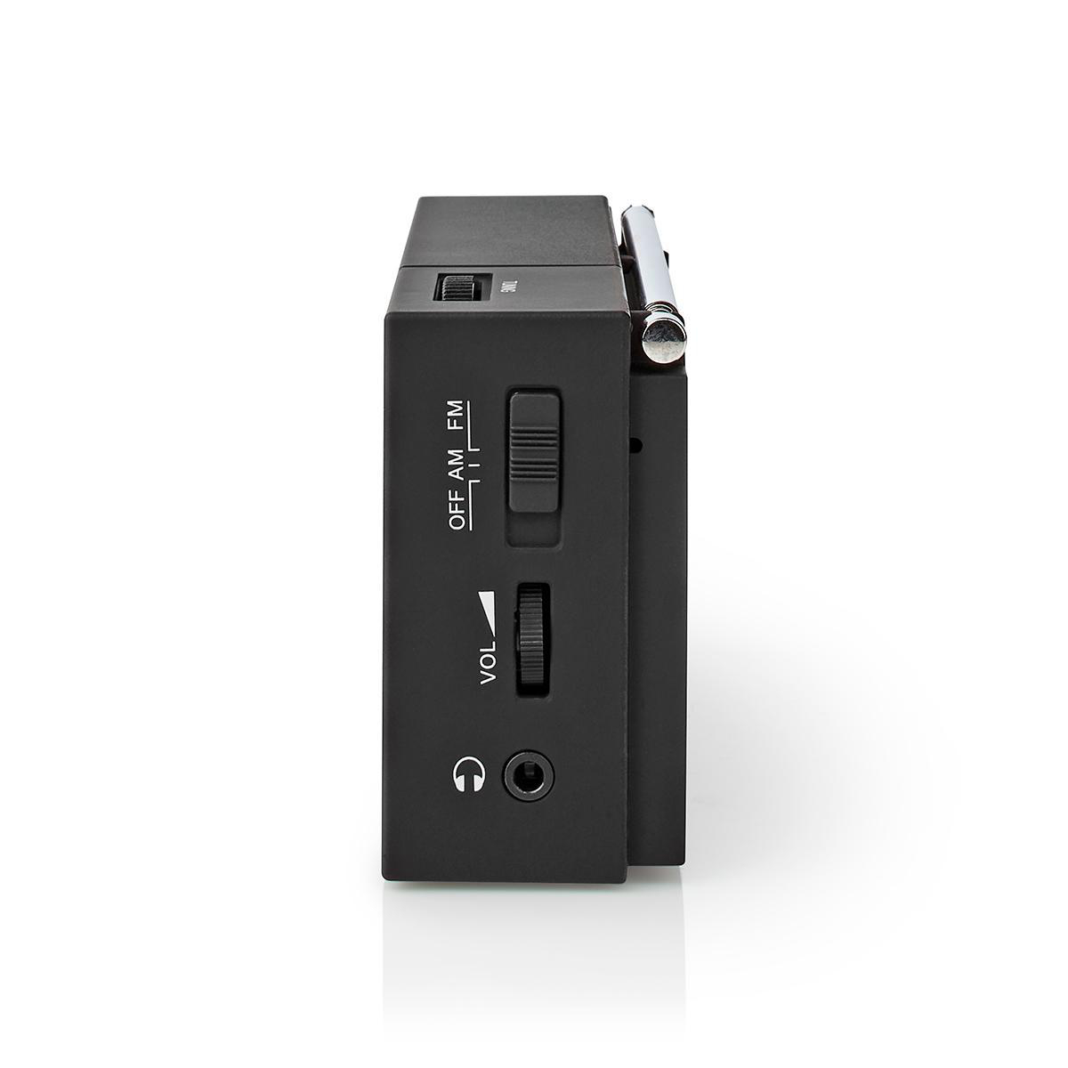 Czarno radio z elementami sterującymi, w tym przełącznikiem włączania/wyłączania, pokrętłem głośności i gniazdem słuchawkowym.