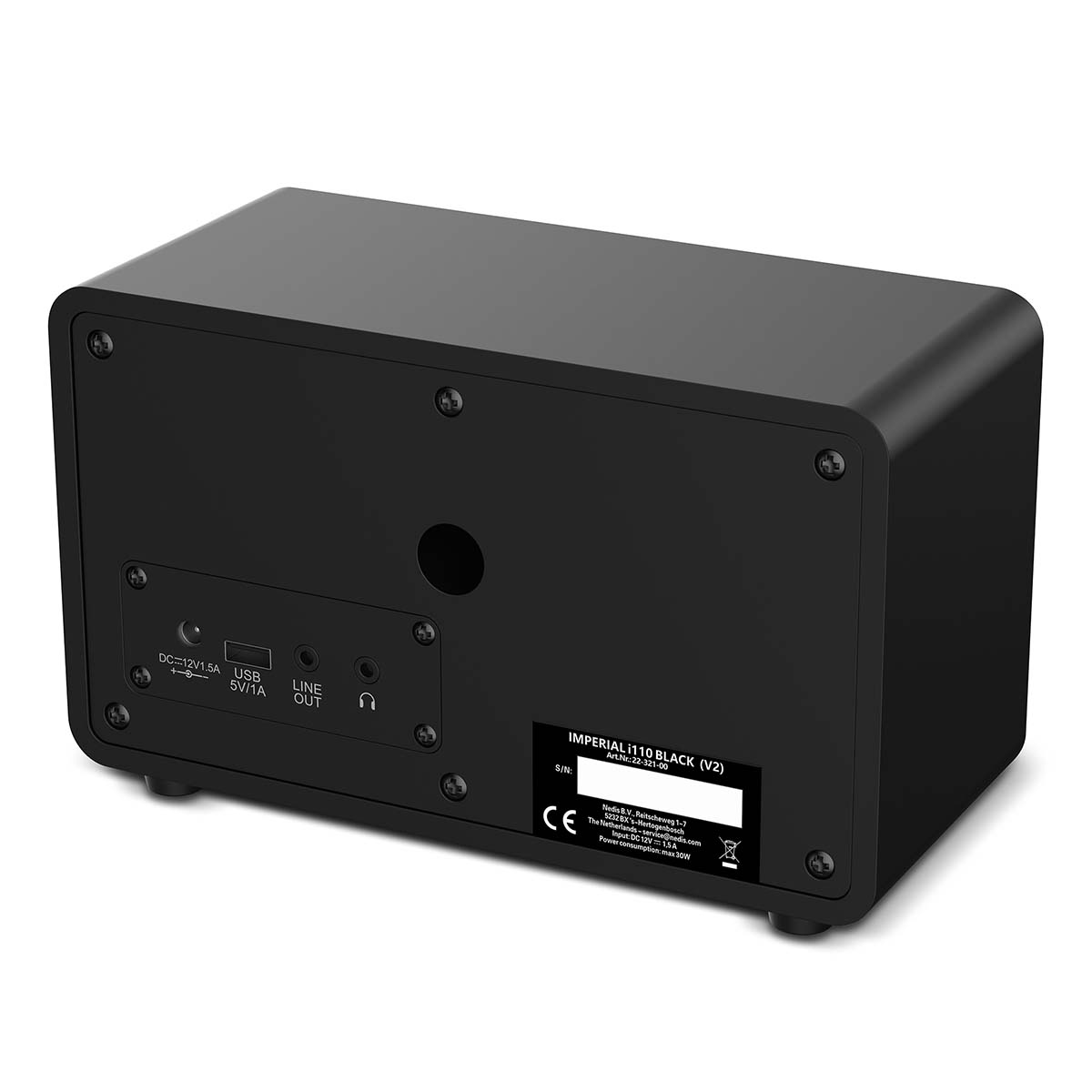 Arrière d'un haut-parleur noir avec ports DC 12V, USB et LINE OUT.