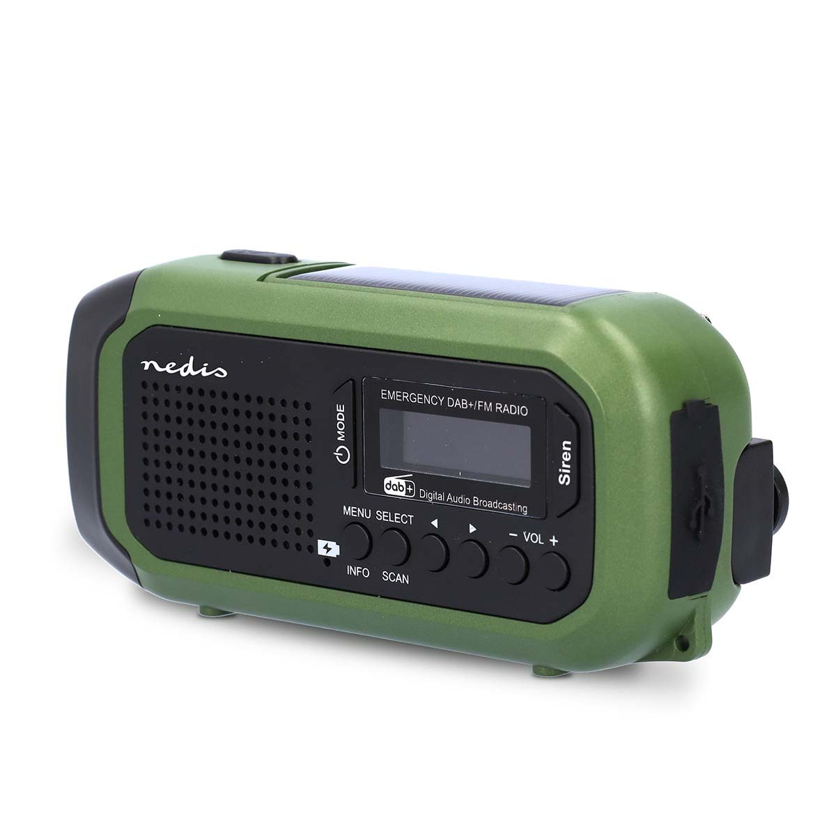 Green emergency radio with solar panel, DAB+/FM, siren, USB port and buttons.